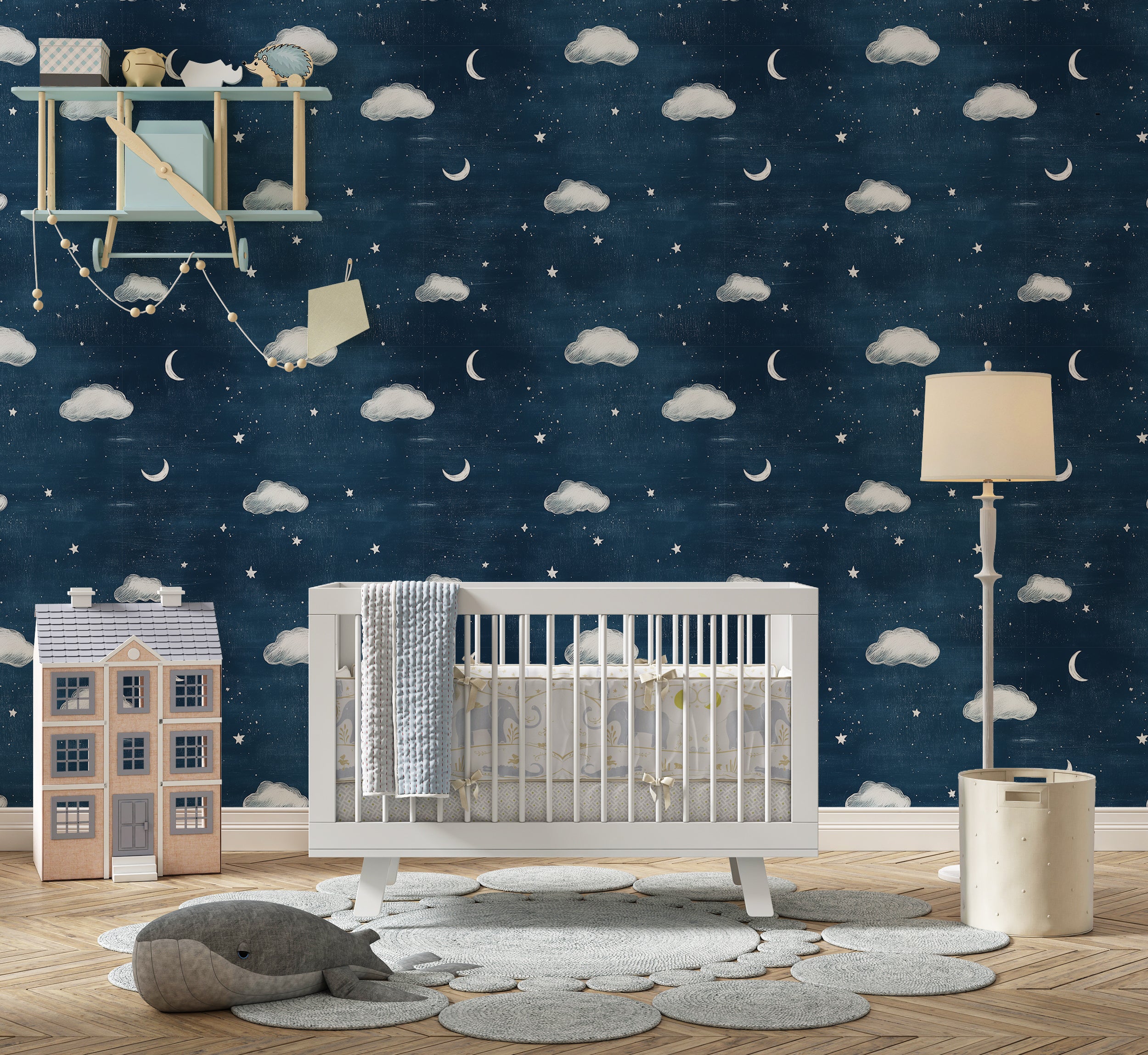 Nursery Dark Blue Stars and Clouds Wallpaper, Peel and Stick Starry Night Wall Decor, Kids Room Celestial Wall Covering