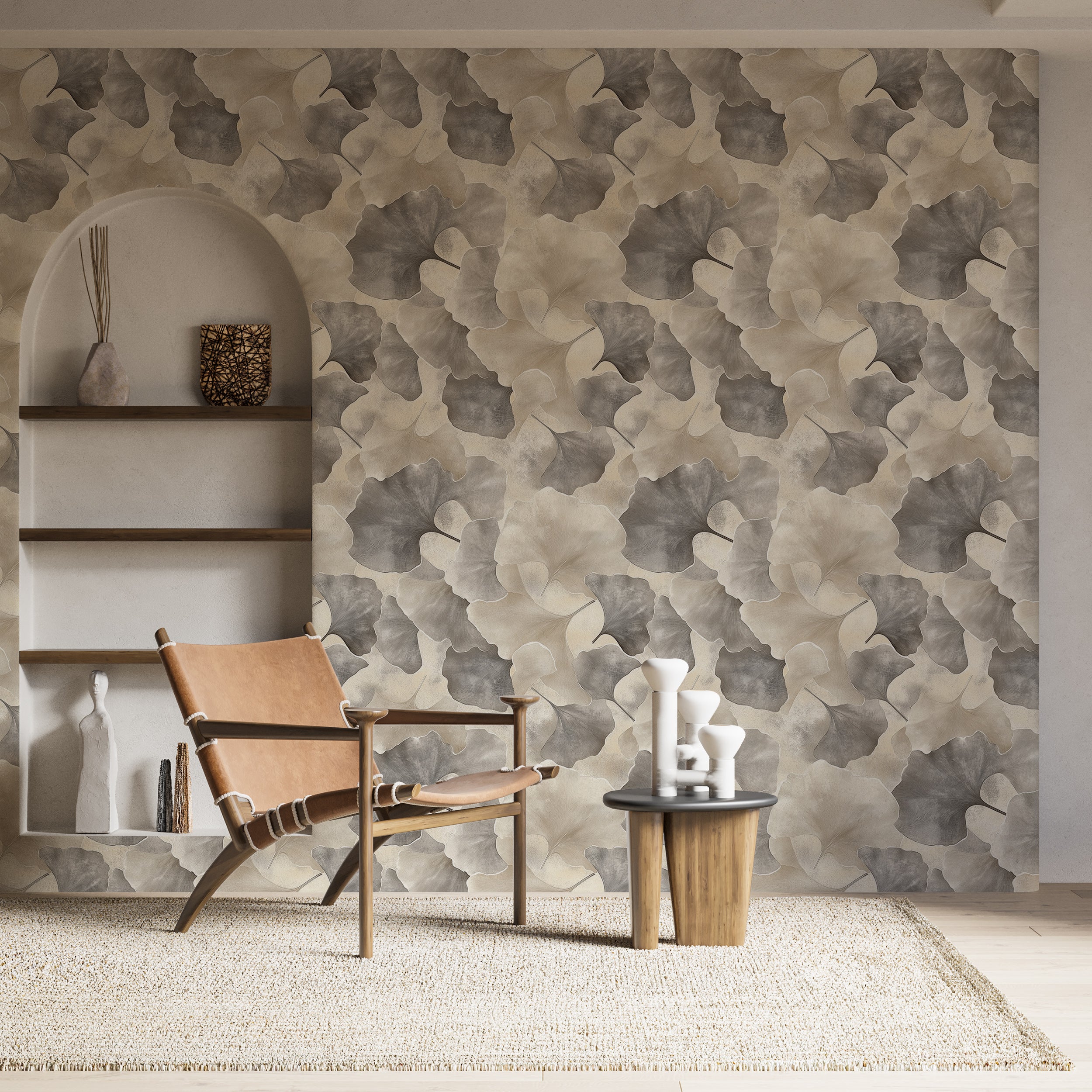 Abstract Ginkgo Leaves Wallpaper, Grey and Beige Modern Botanical Art, Peel and Stick Leaf Pattern Decor