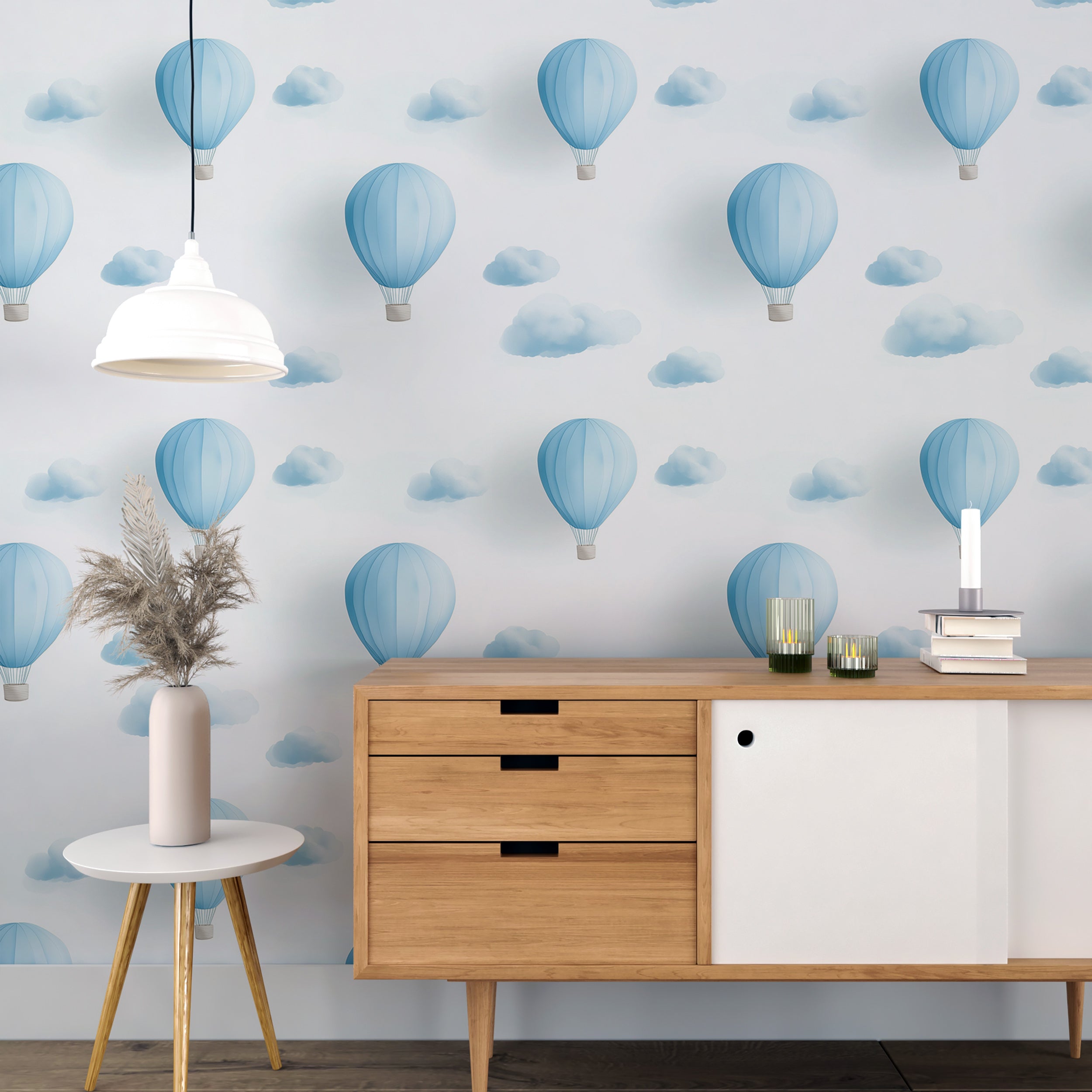 Blue and White Hot Air Balloons Wallpaper, Peel and Stick Nursery 3D Wall Decor, Minimalist Clouds and Balloons Wallpaper