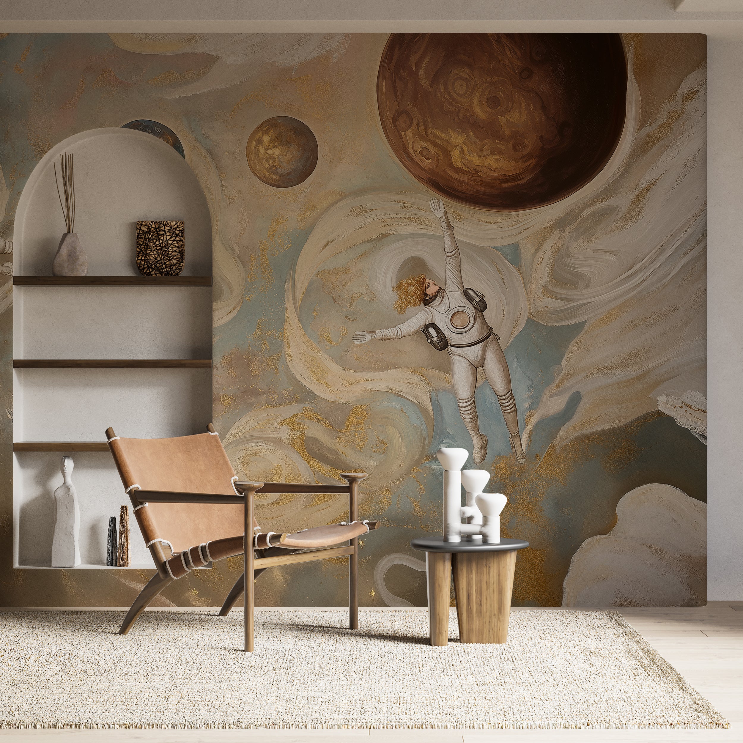 Abstract Space Wall Mural, Astronaut Art, Celestial Peel and Stick Wallpaper, Futuristic Planets Mural, Removable Cosmic Dream Decor