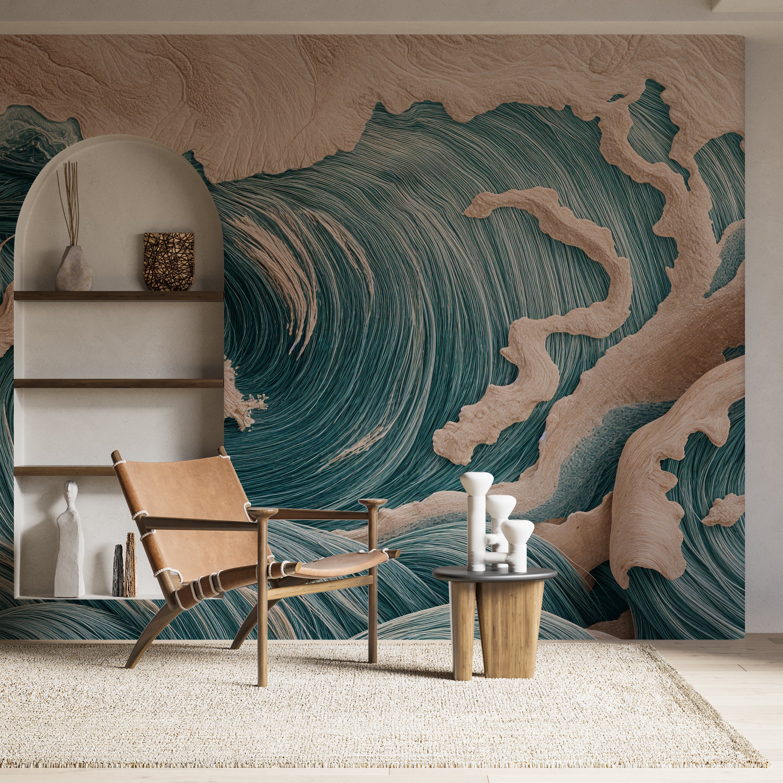 Ocean Waves Wall Mural, Abstract Sea Wallpaper, Peel and Stick Wavy Wall Decal, Nautical Removable Mural