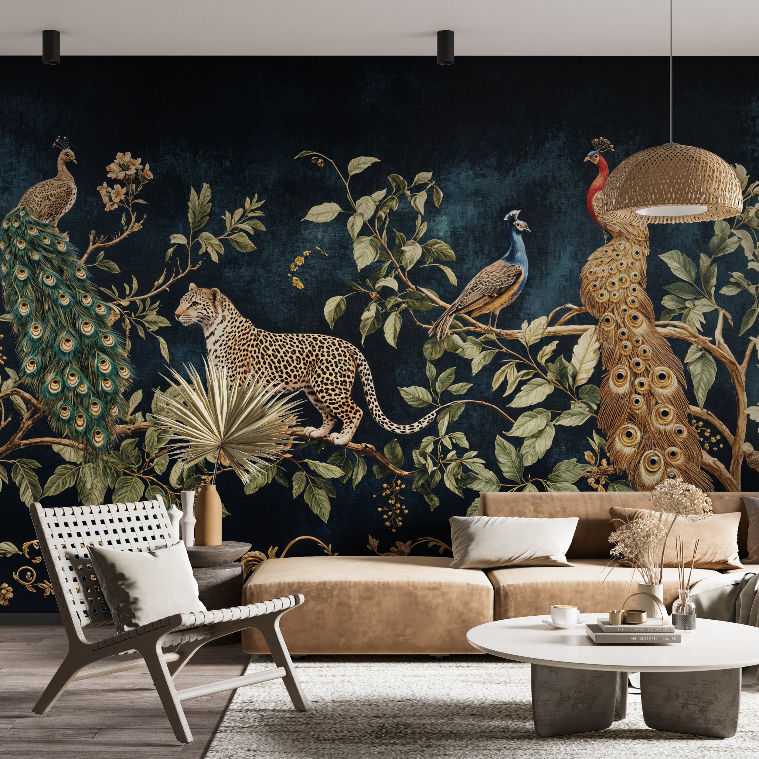 Dark chinoiserie wall mural with peacock and leopard.
Peel-and-stick vintage wallpaper with exotic animals.