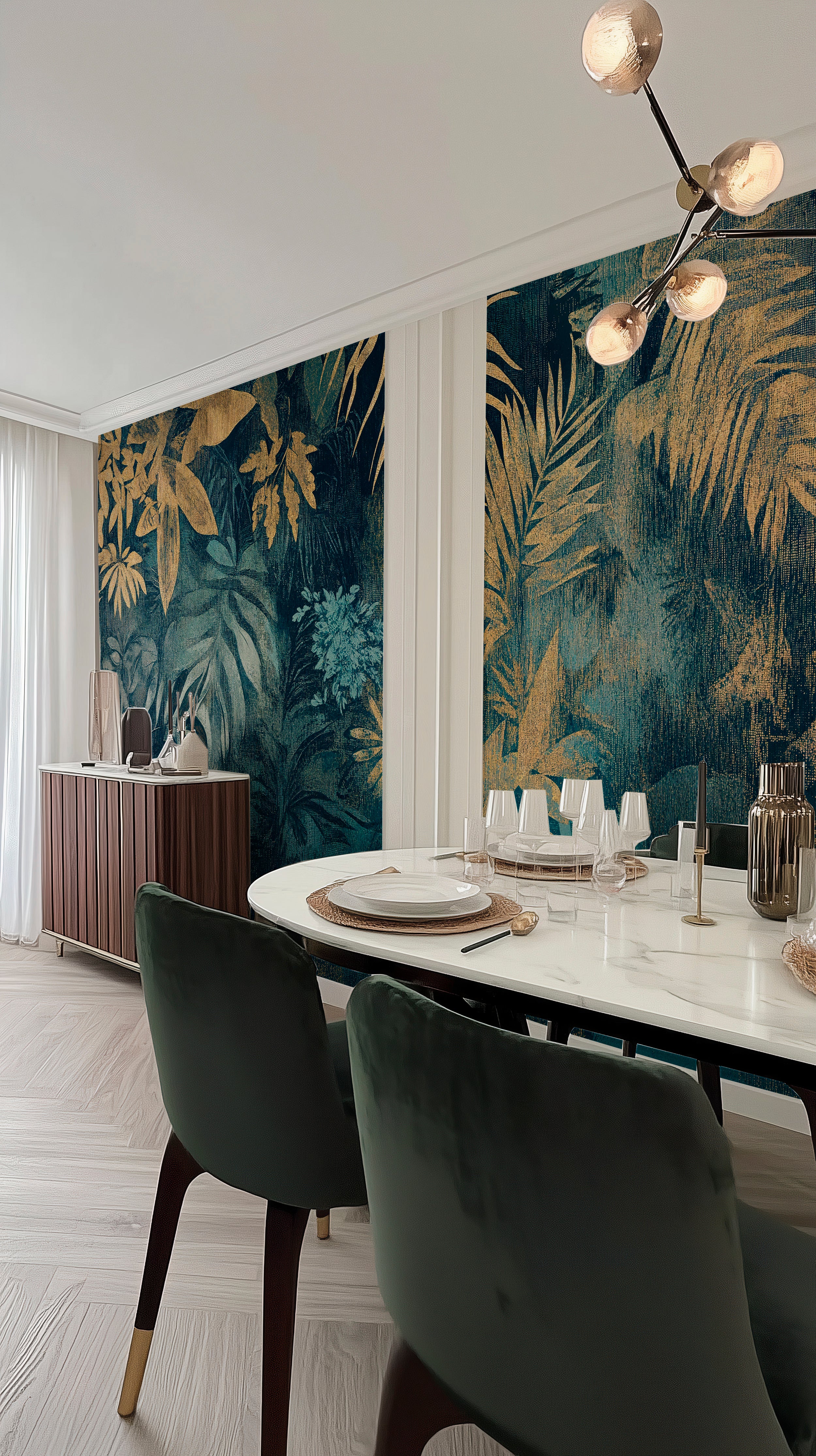 Removable palm leaves wallpaper in antique style.
Tropical-themed wall decor with dark botanical tones.