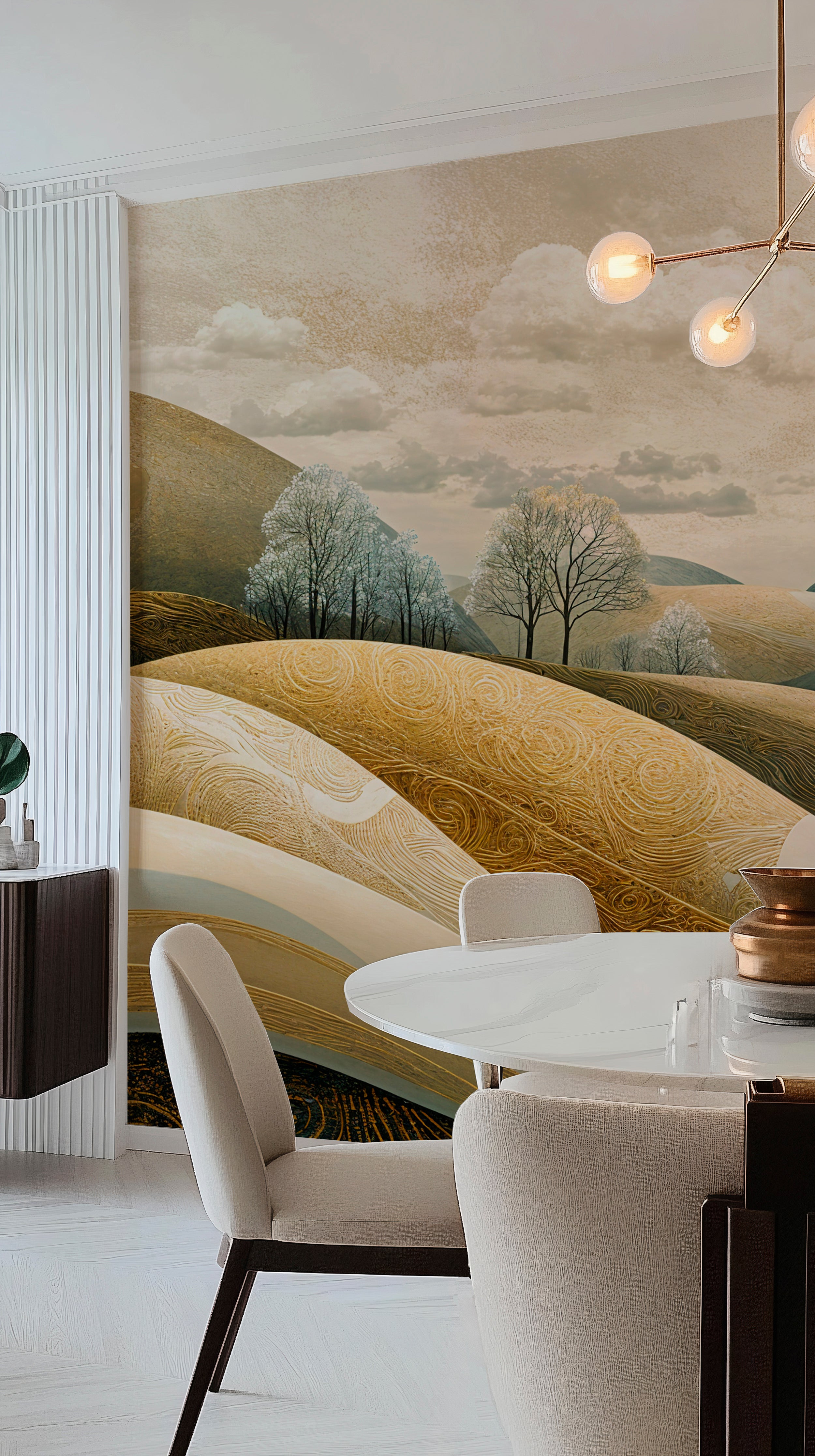 Nature-inspired wall art with lush greenery.
Peaceful landscape wallpaper for cozy interiors.