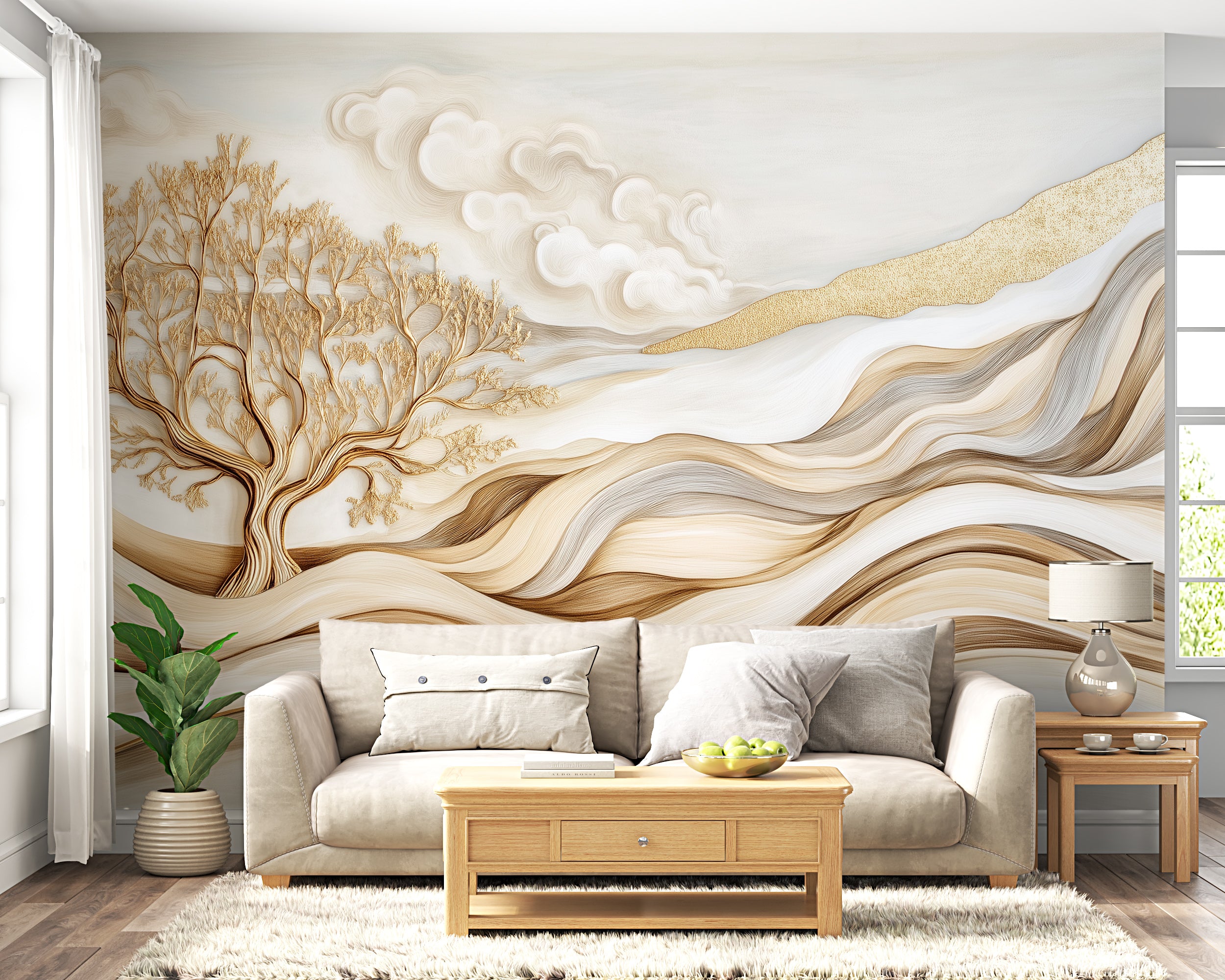 Beige and White Abstract Field Mural, Golden Tree Wallpaper, Peel and Stick Wavy Lines Wall Decor