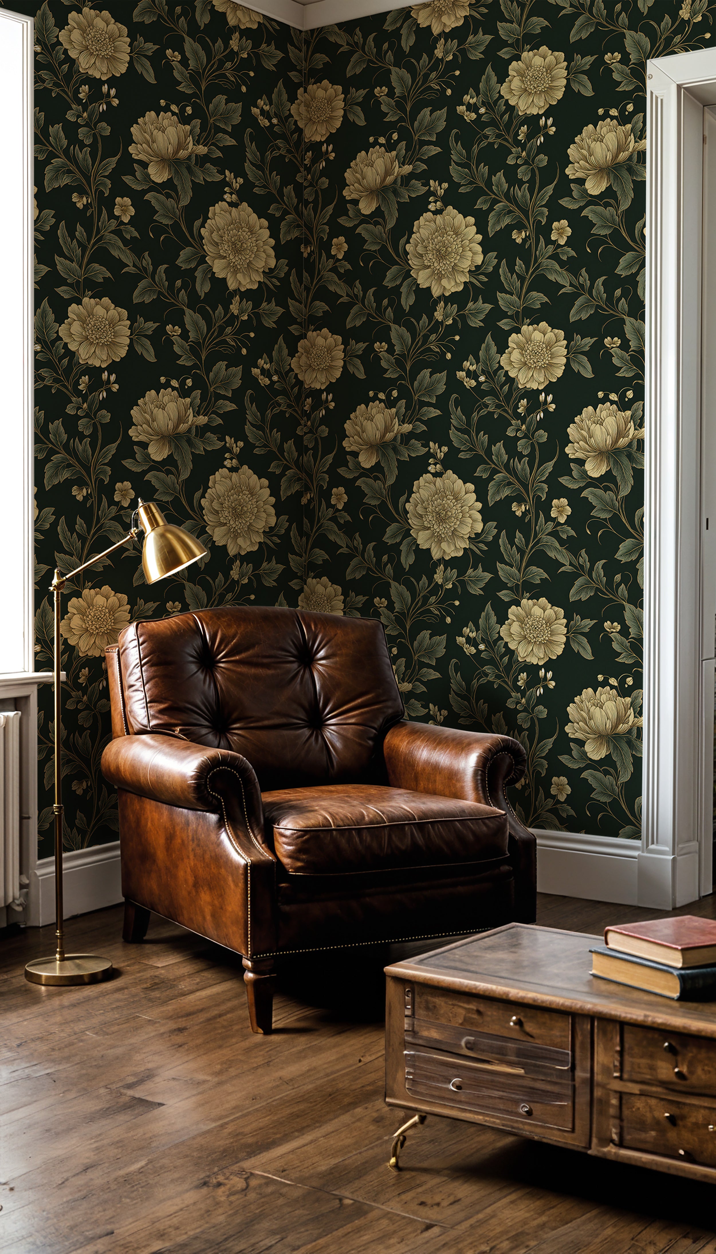 Vintage Dark Floral Wallpaper, Classic Peony Removable Wallpaper, Antique Floral Pattern, Elegant Botanical Peel and Stick Wallpaper