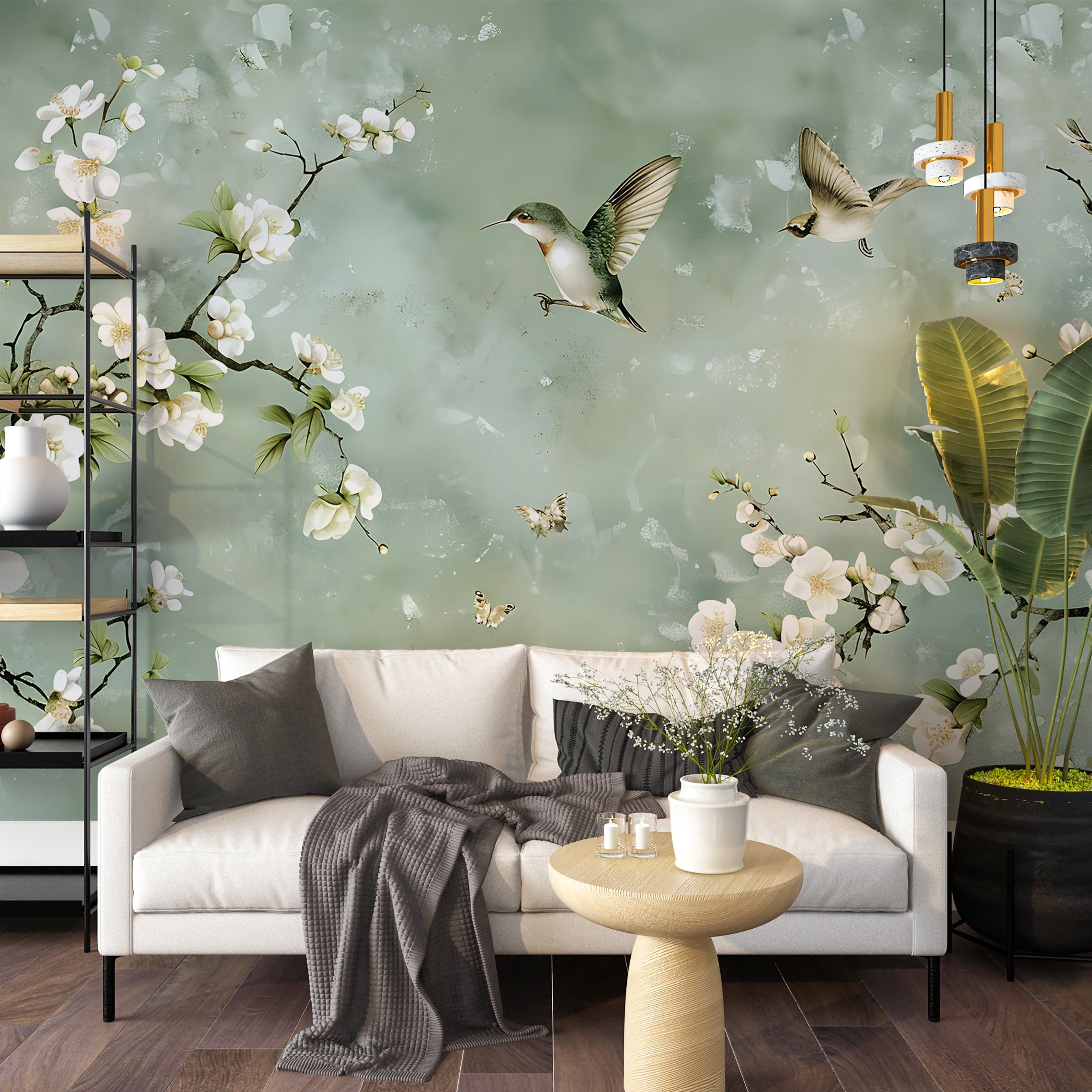 PVC-free Chinoiserie Wallpaper with Birds and Flowers