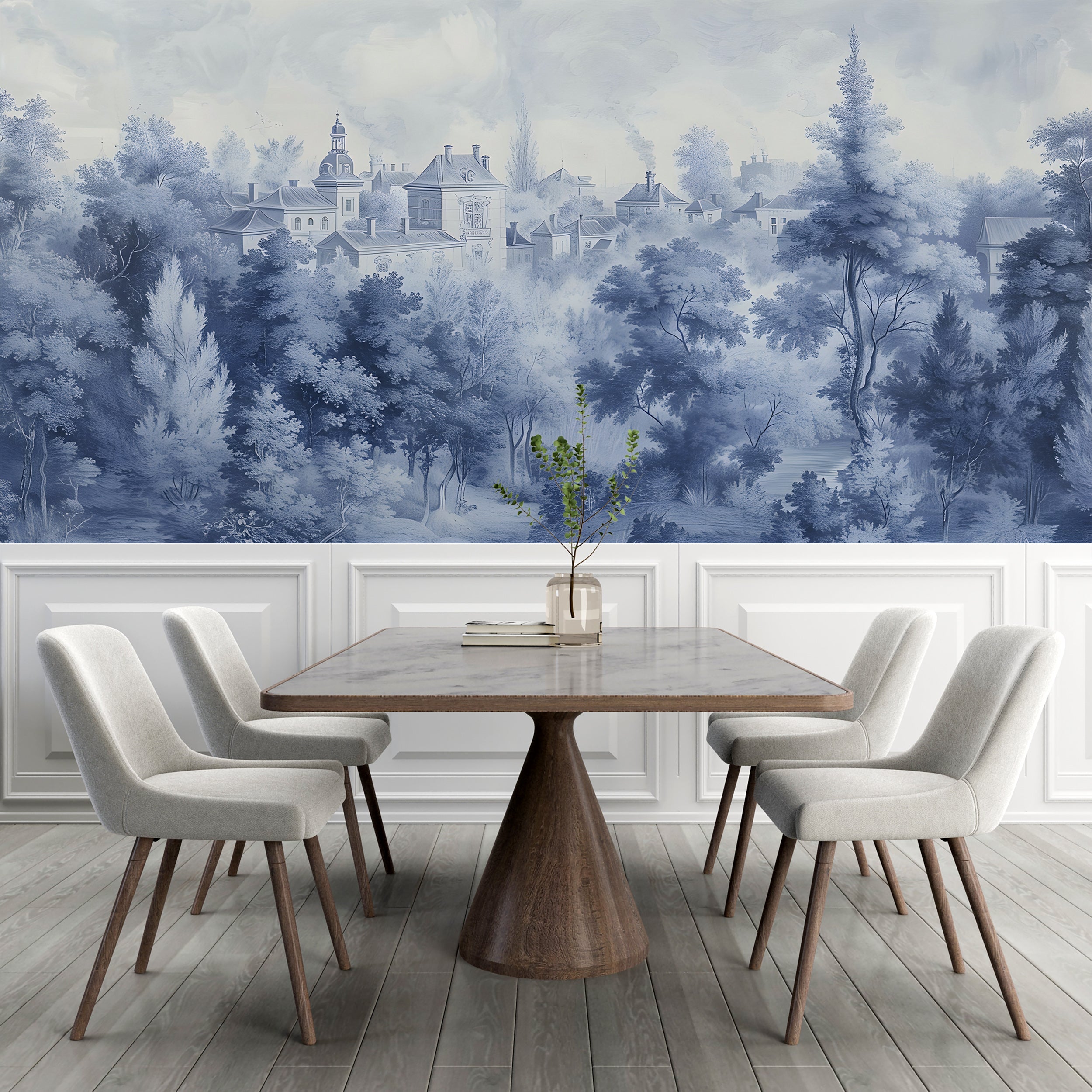 Vintage Blue Toile de Jouy Style Wall Mural French Countryside Peel and Stick Wallpaper