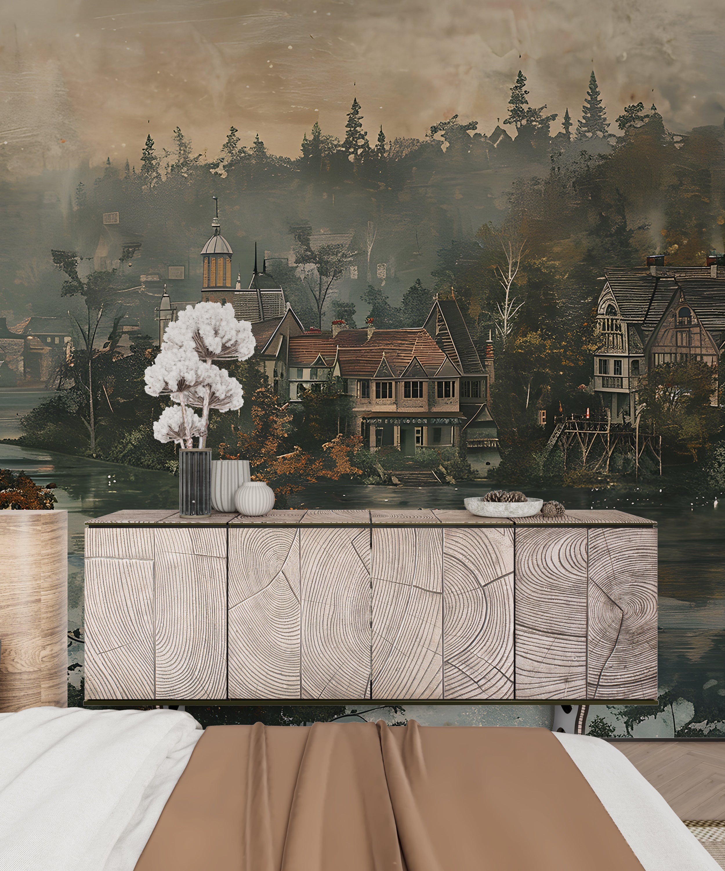 Rustic Riverscape Vintage Wallpaper Mural Timeless Watercolor Forest River Wall Decor
