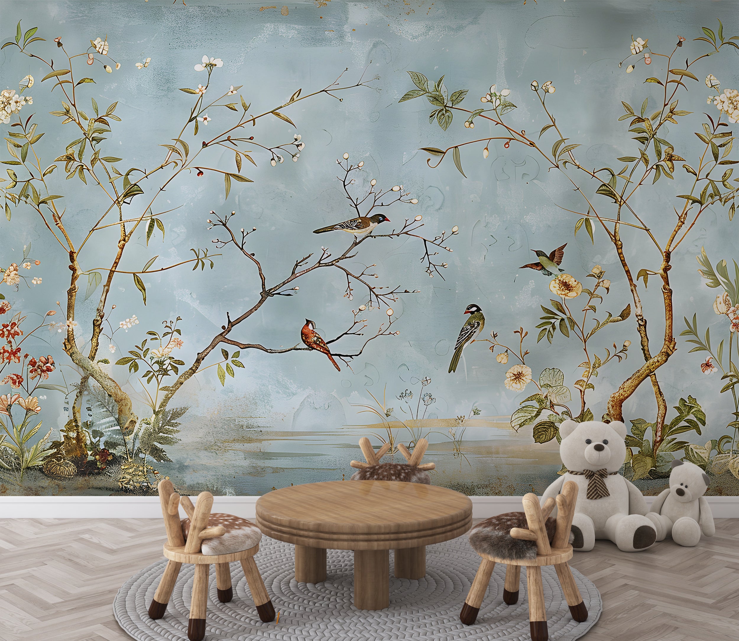 Relaxing Birds on Trees Vintage Wallpaper
