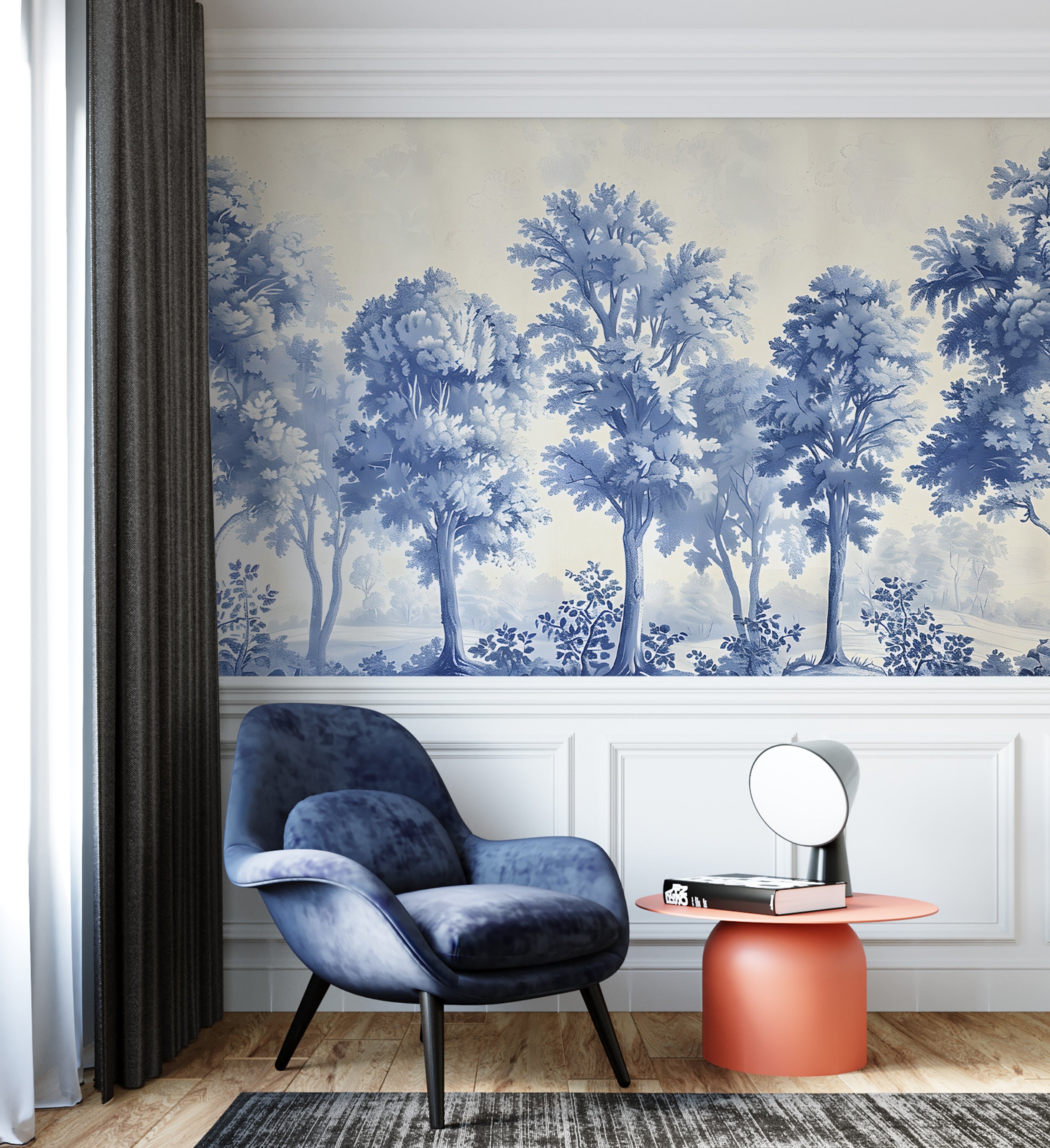 Vintage Style Blue Watercolor Trees Wall Art Classic Toile de Jouy Style Wall Decal