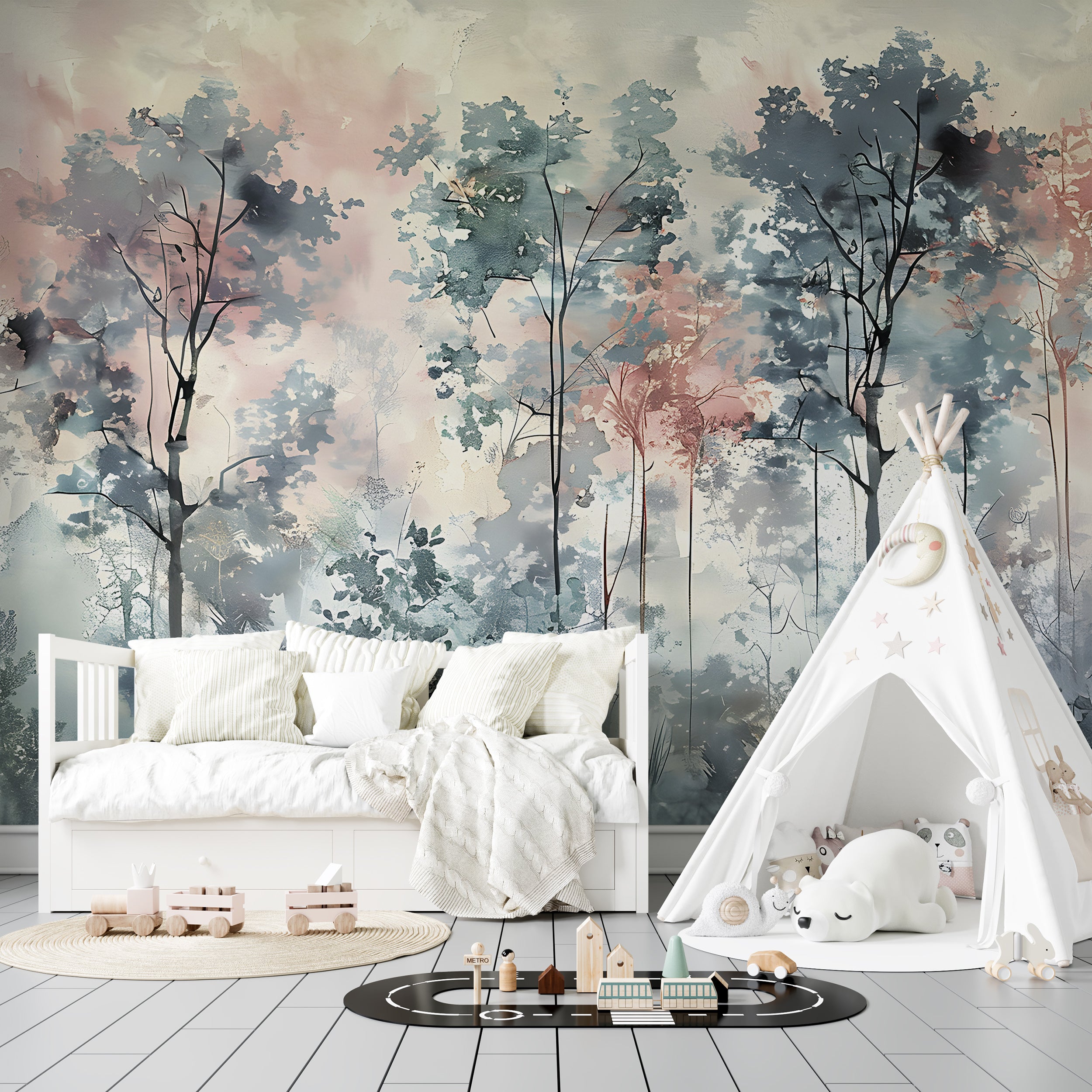 Watercolor Forest Wall Mural in Nursery Colorful Trees Peel and Stick Wallpaper