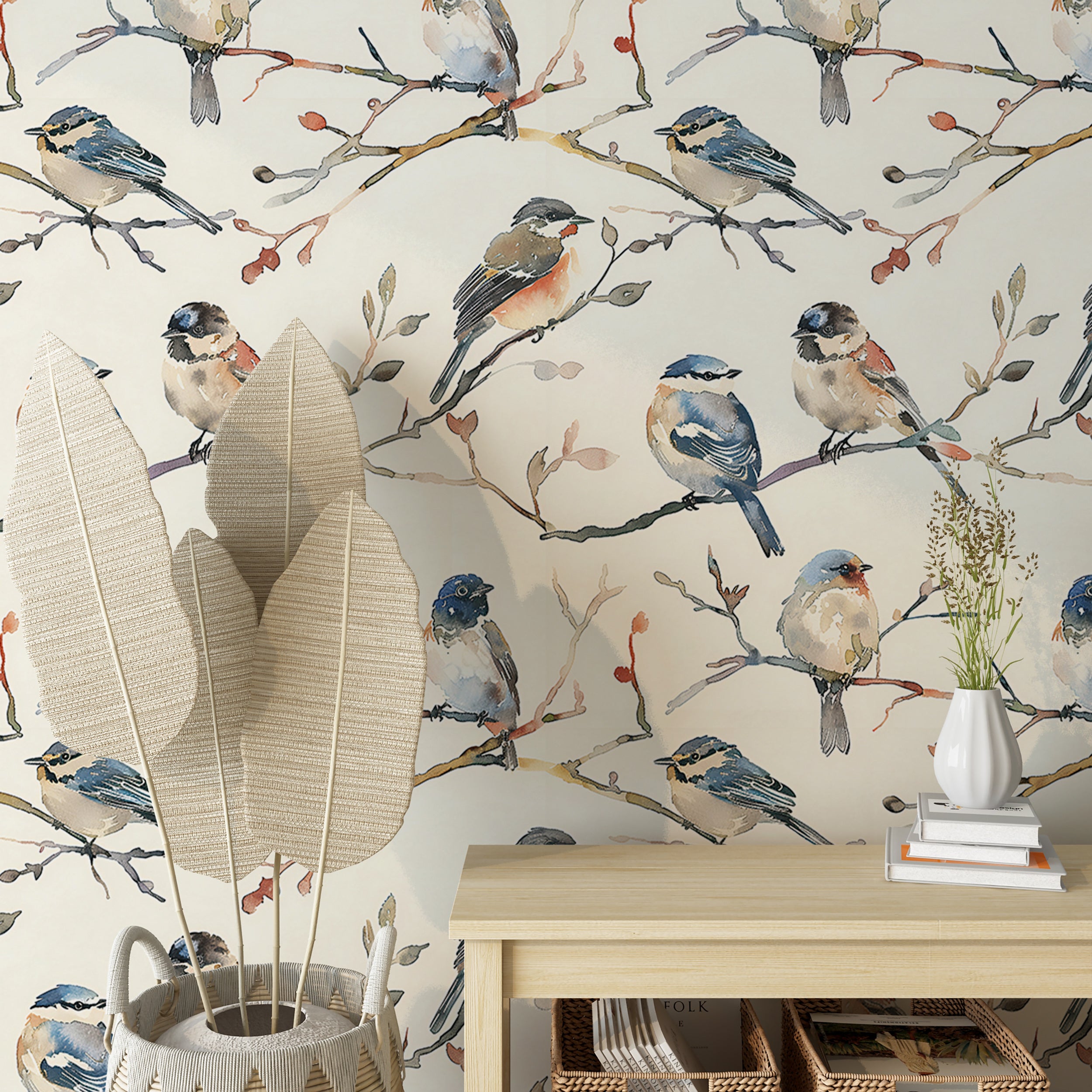 Peel and Stick Nature Beige Wall Decor Soft Color Birds Wall Mural
