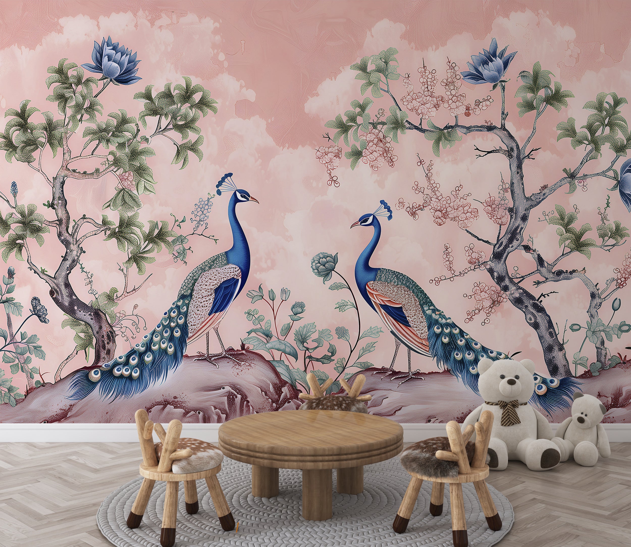 Japanese-inspired Wall Covering in Blue and Pink