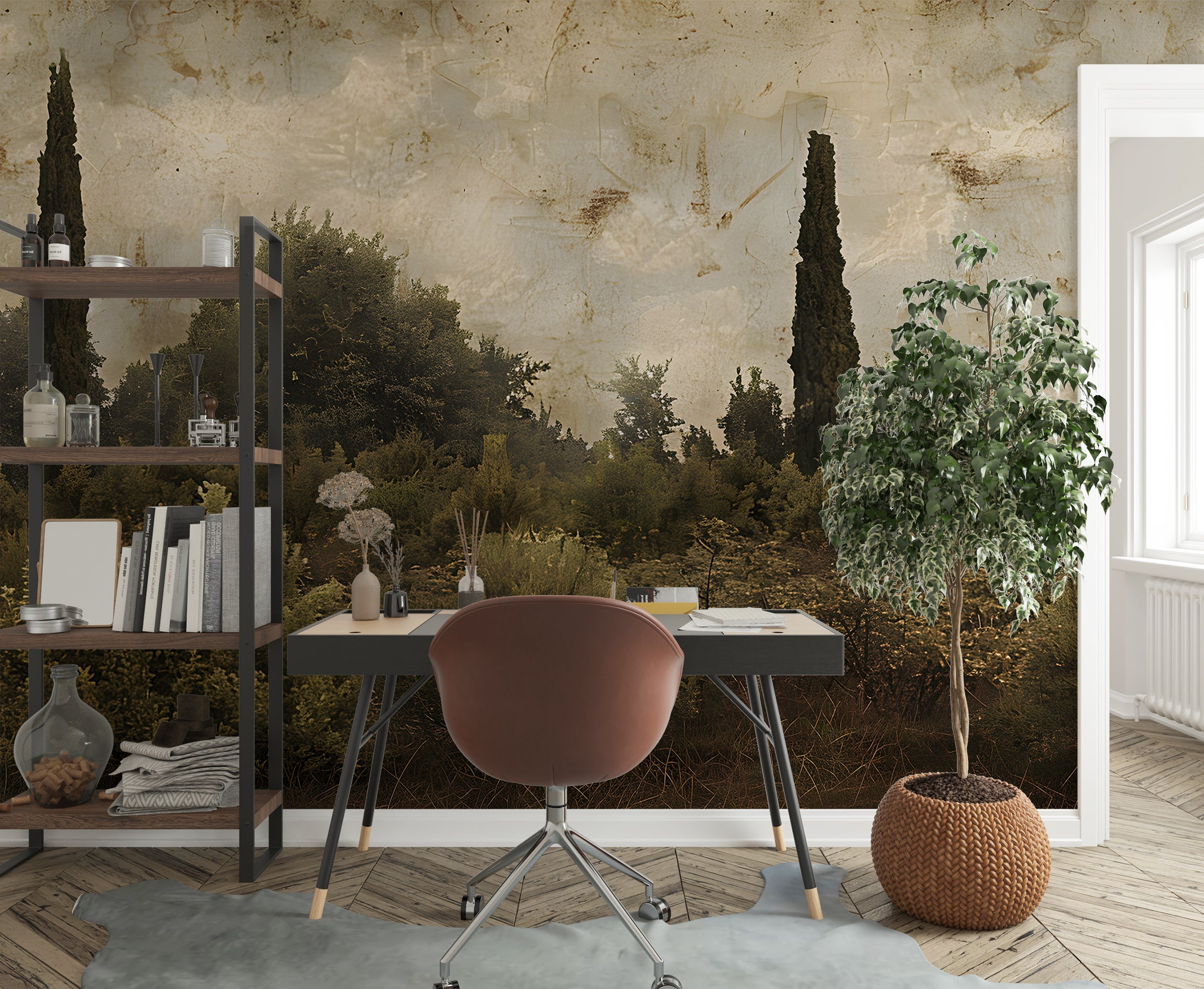 Vintage Landscape Wall Mural, Rustic Botanical Wallpaper, Scenic Wall Art, Peel and Stick Antique Wallpaper, Bushes and Trees Classic Decor