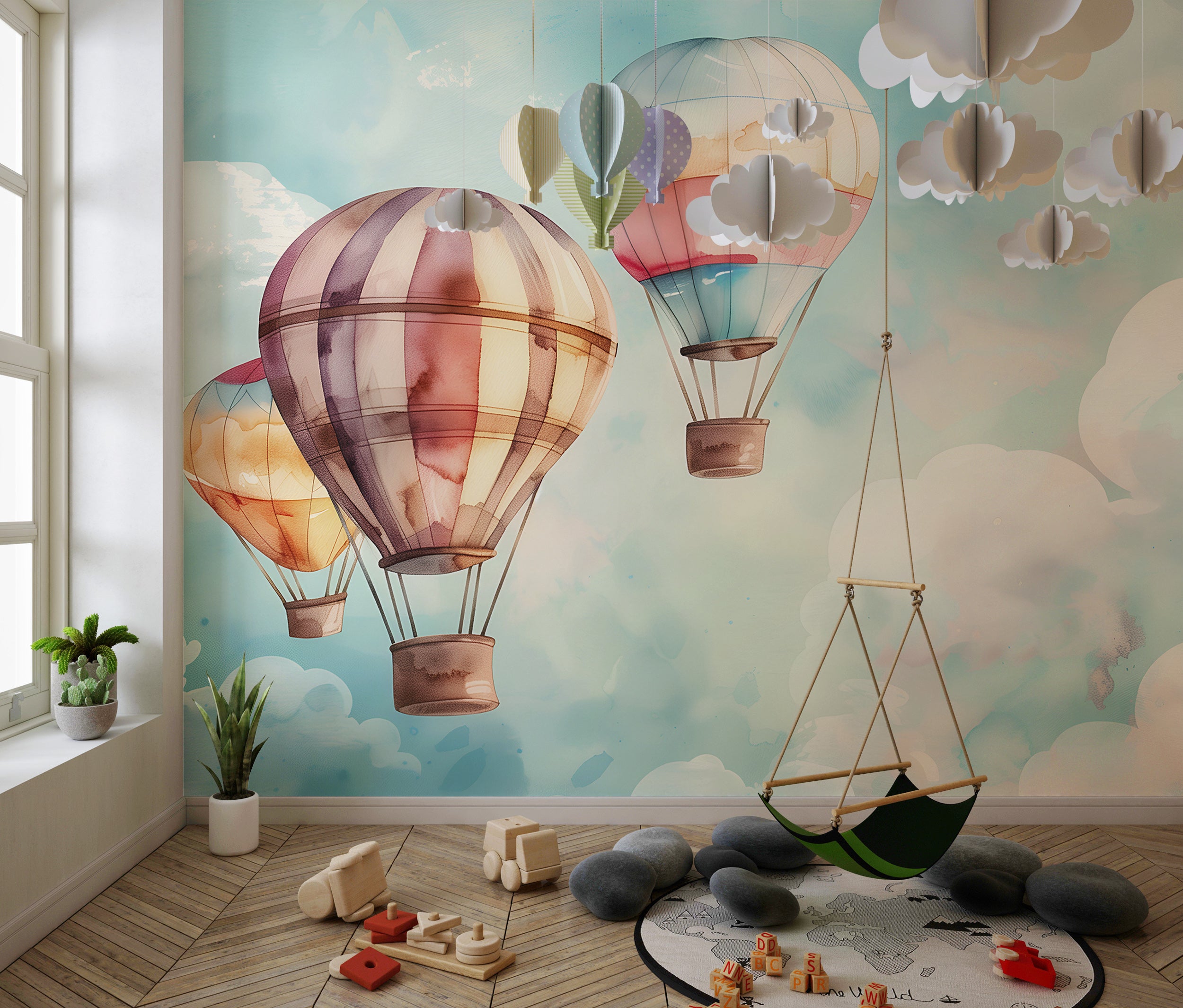 Removable hot air balloons wall decor Sky-themed nursery peel and stick wallpaper