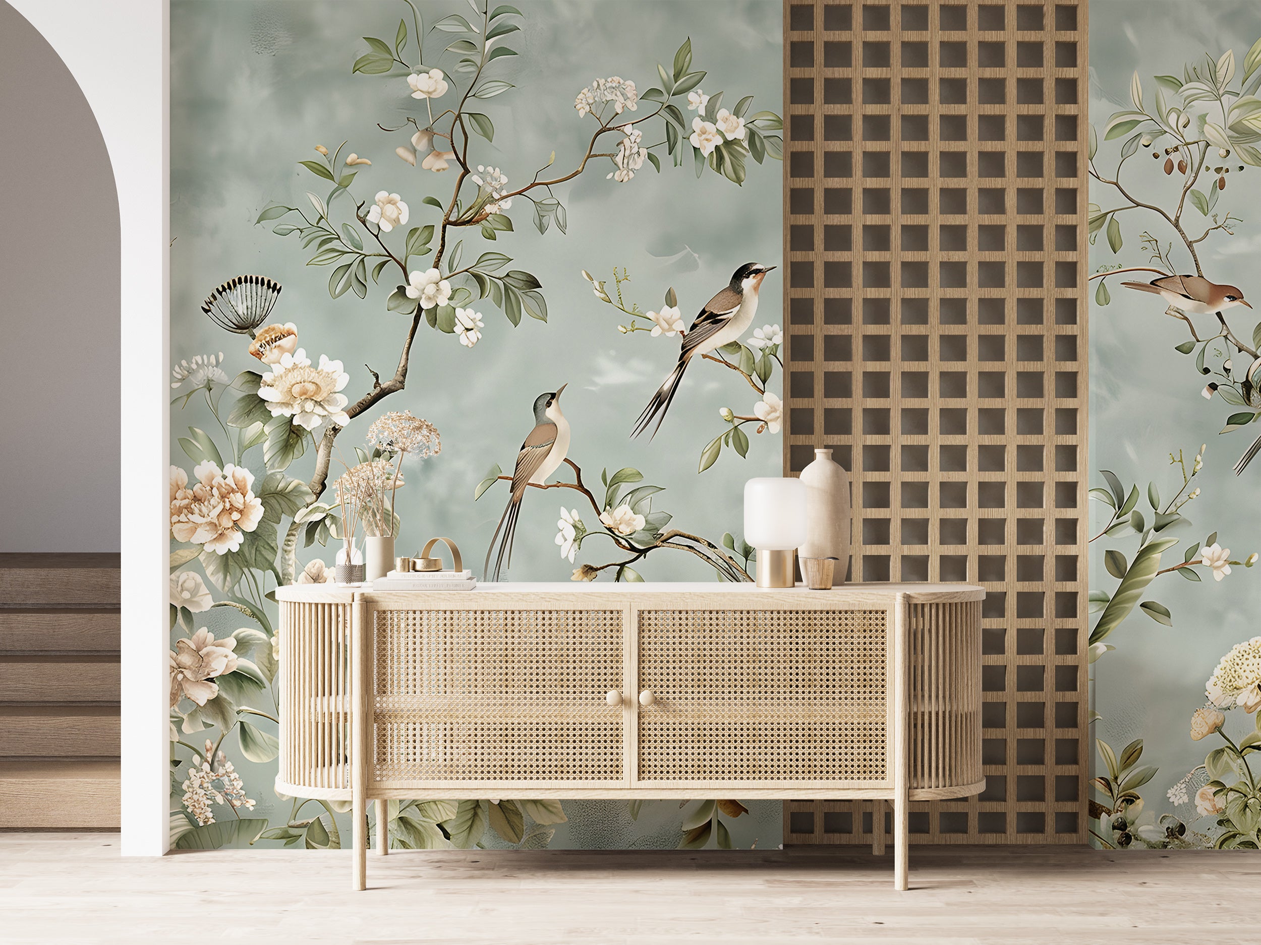 Removable Chinoiserie decor Birds and flowers wall mural