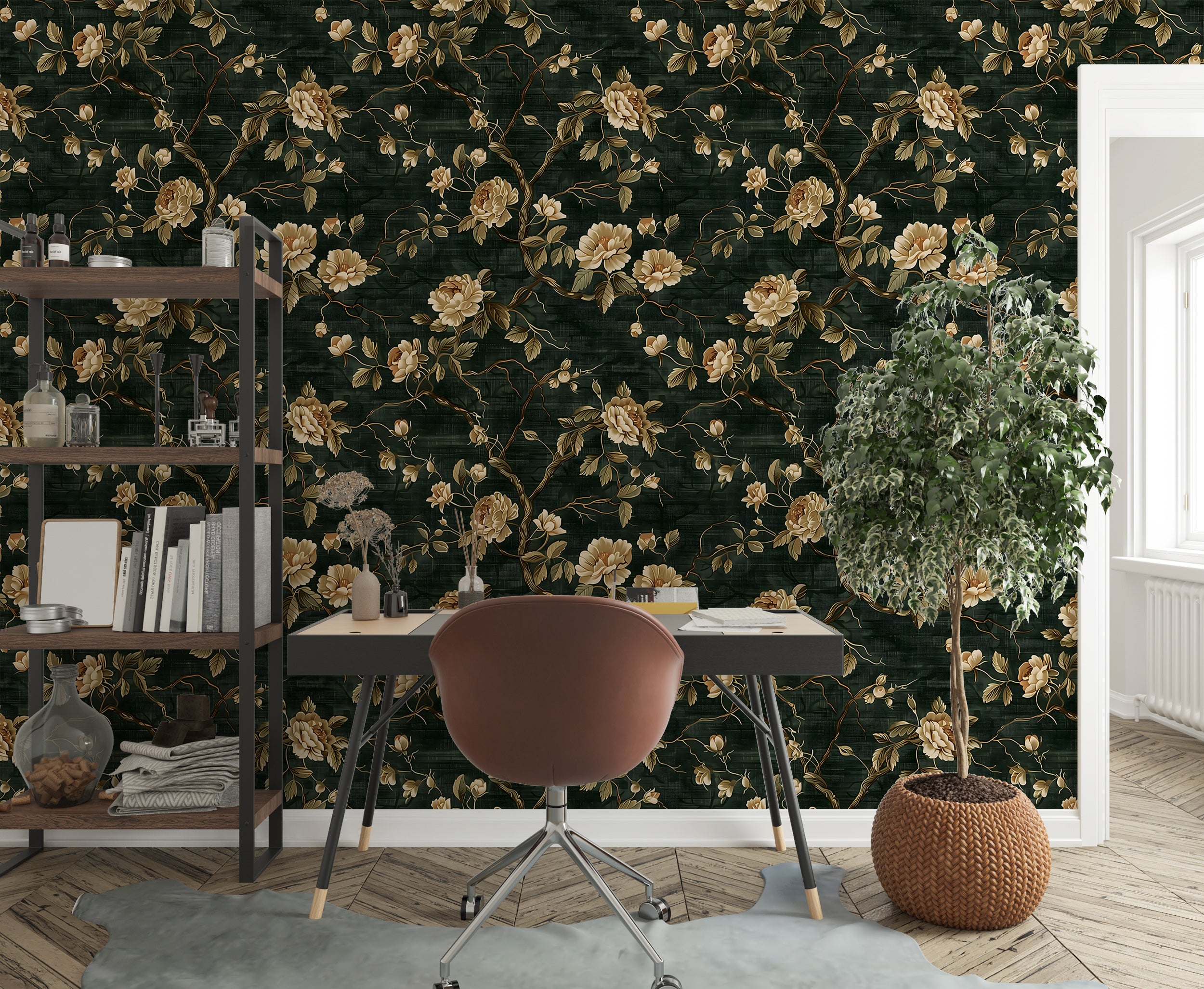 Timeless botanical wallpaper with beige roses