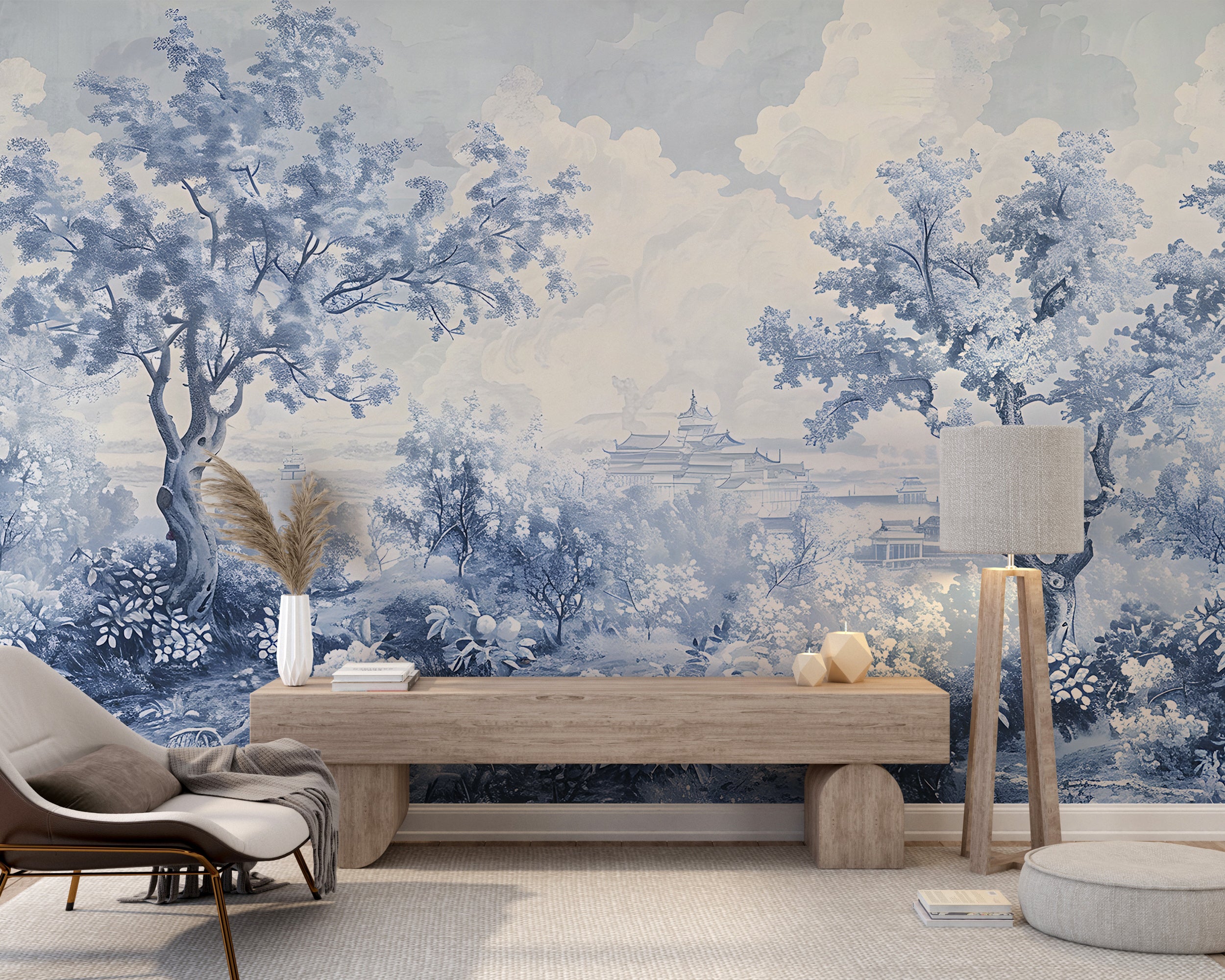 Blue watercolor trees wallpaper Classic French style mural
