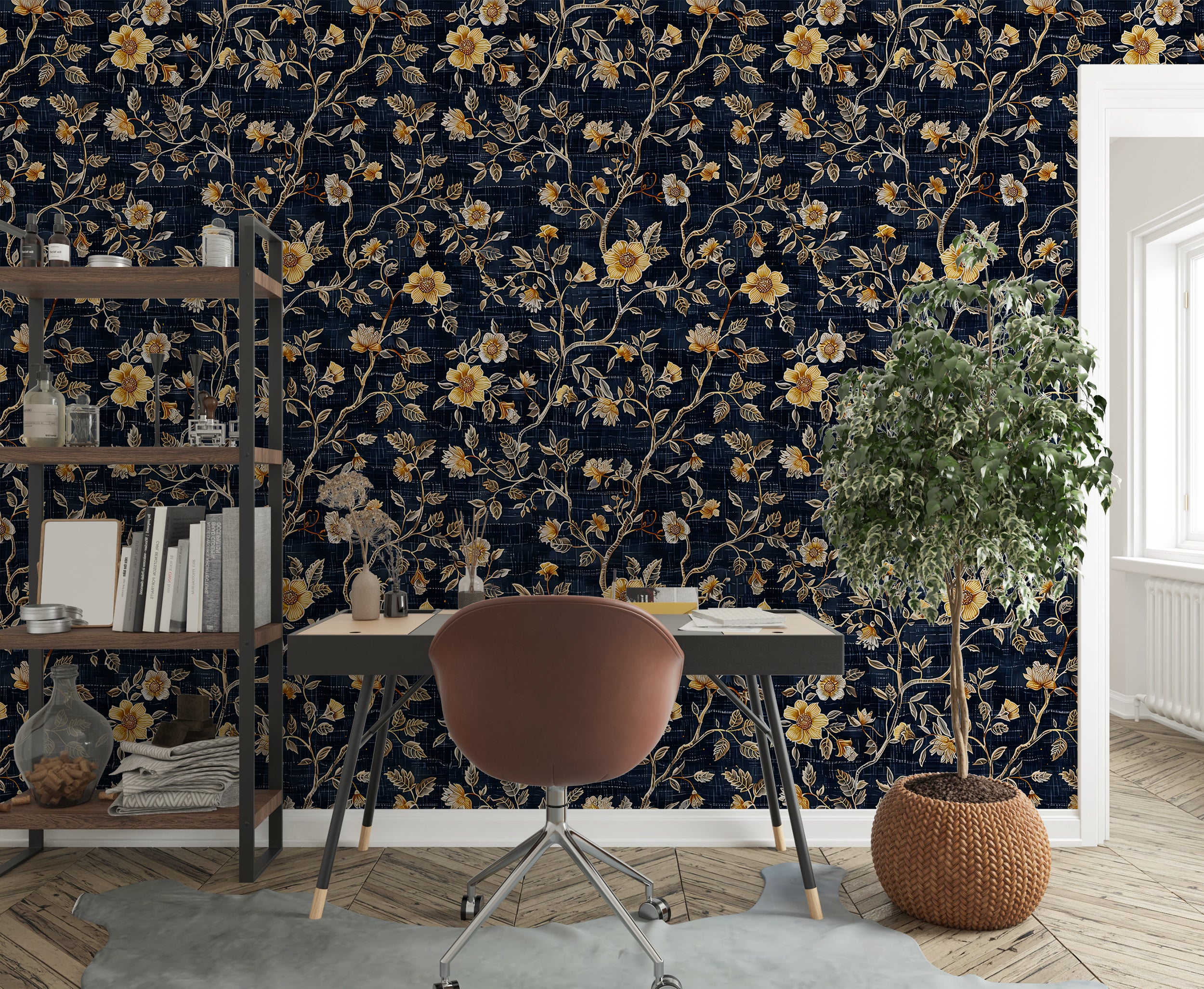 Navy blue removable wallpaper Classic floral wall decor