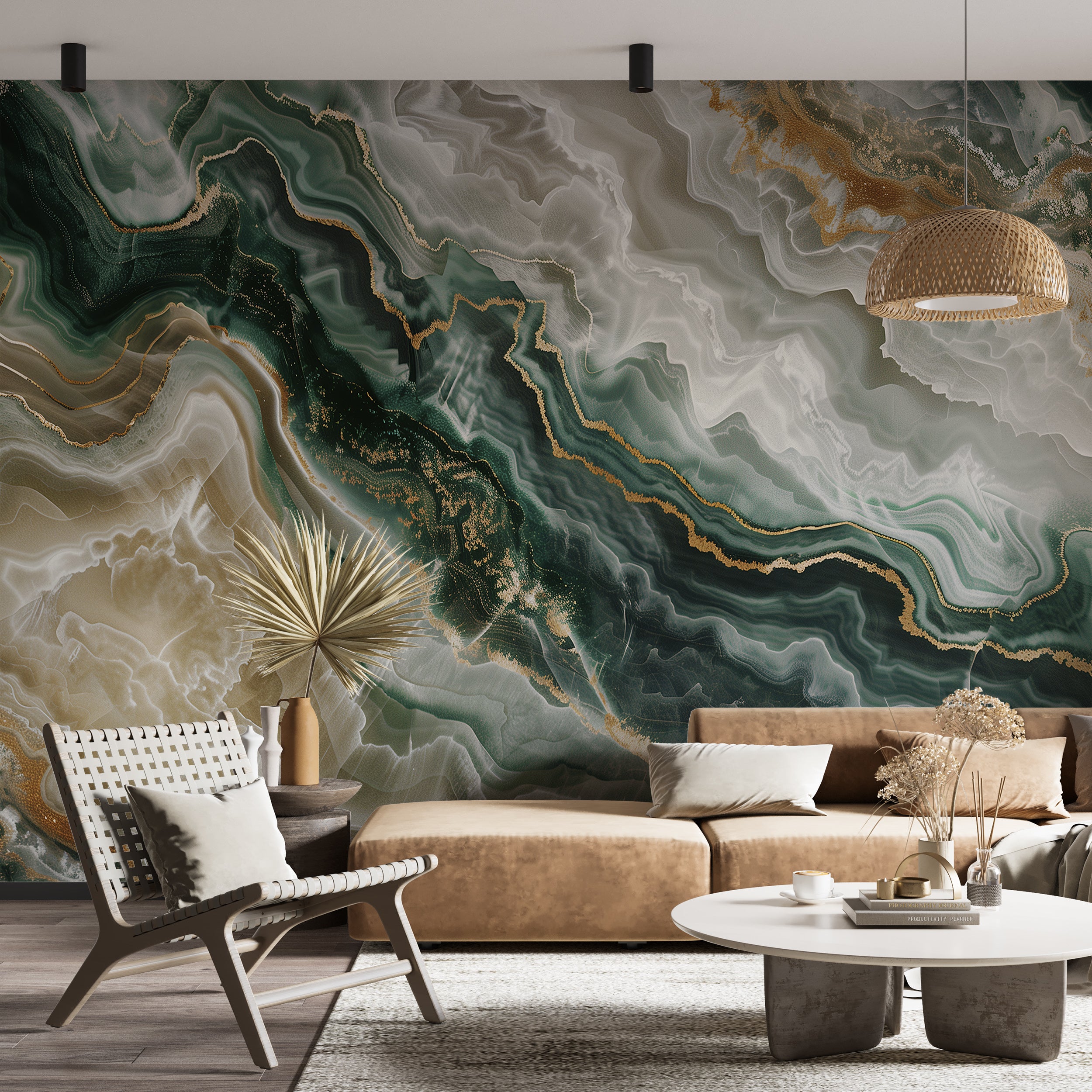 Emerald marble wall mural peel and stick Detailed green and beige marble wallpaper