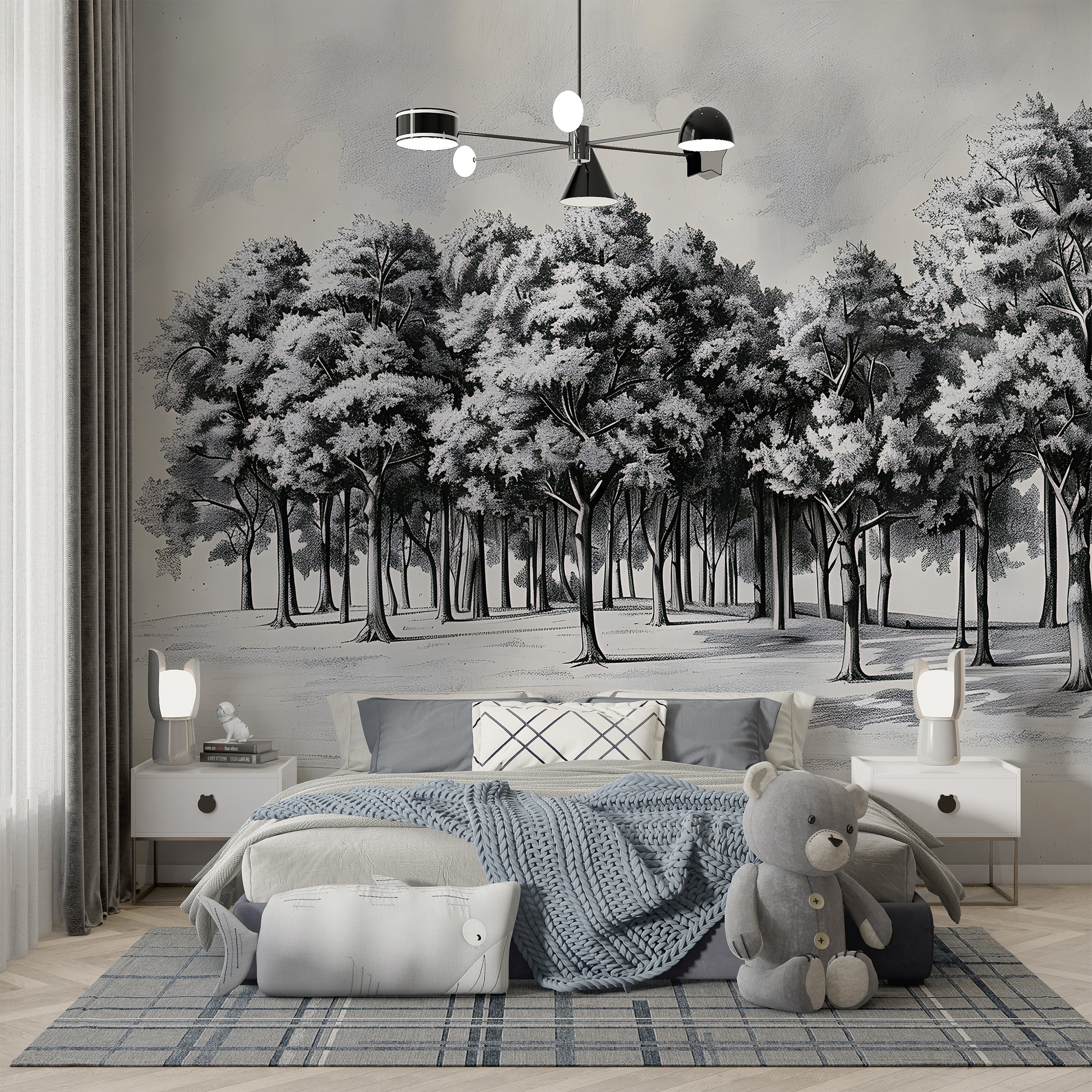 Removable black and white tree mural Monochrome tree wallpaper