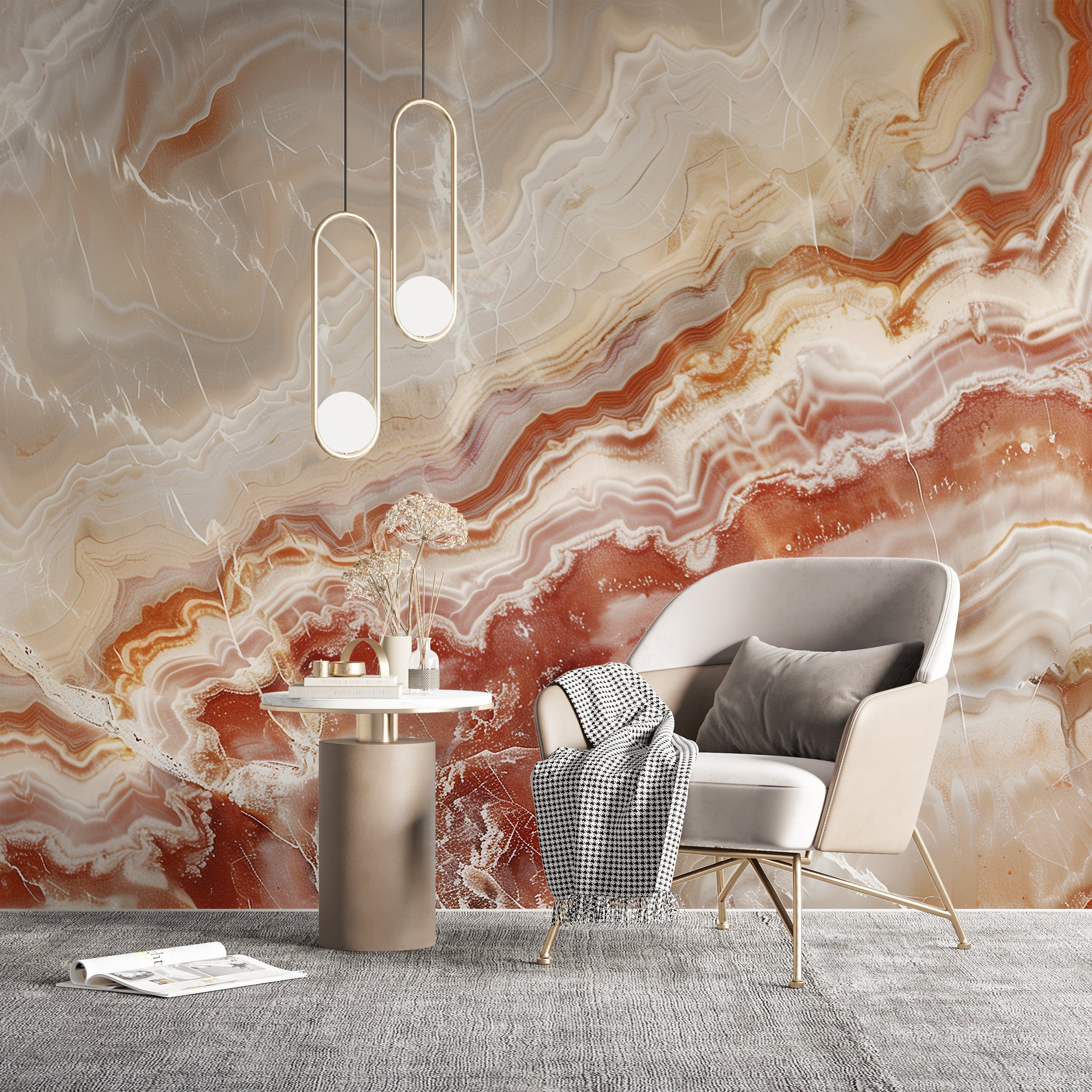 Peach Marble Wallpaper, Beige and Orange Marble Mural, Peel and Stick Removable Stone Wall Decor, Abstract Accent Natural Marble Mural