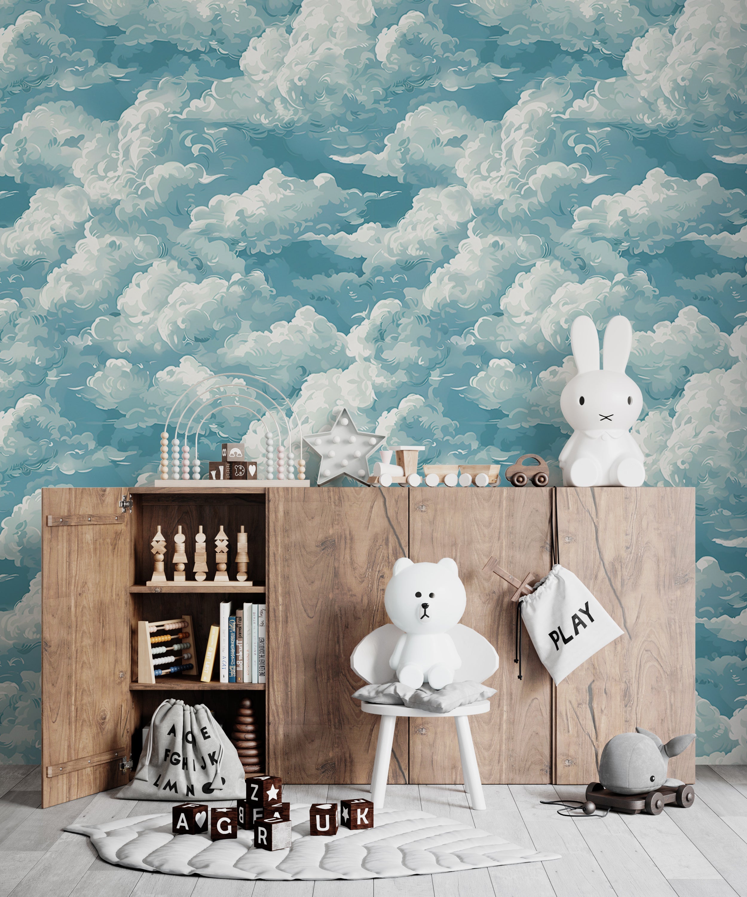Blue and White Clouds Wallpaper, Watercolor Cloud Pattern Wall Decor, Peel and Stick Nursery Fluffy Clouds Wallpaper