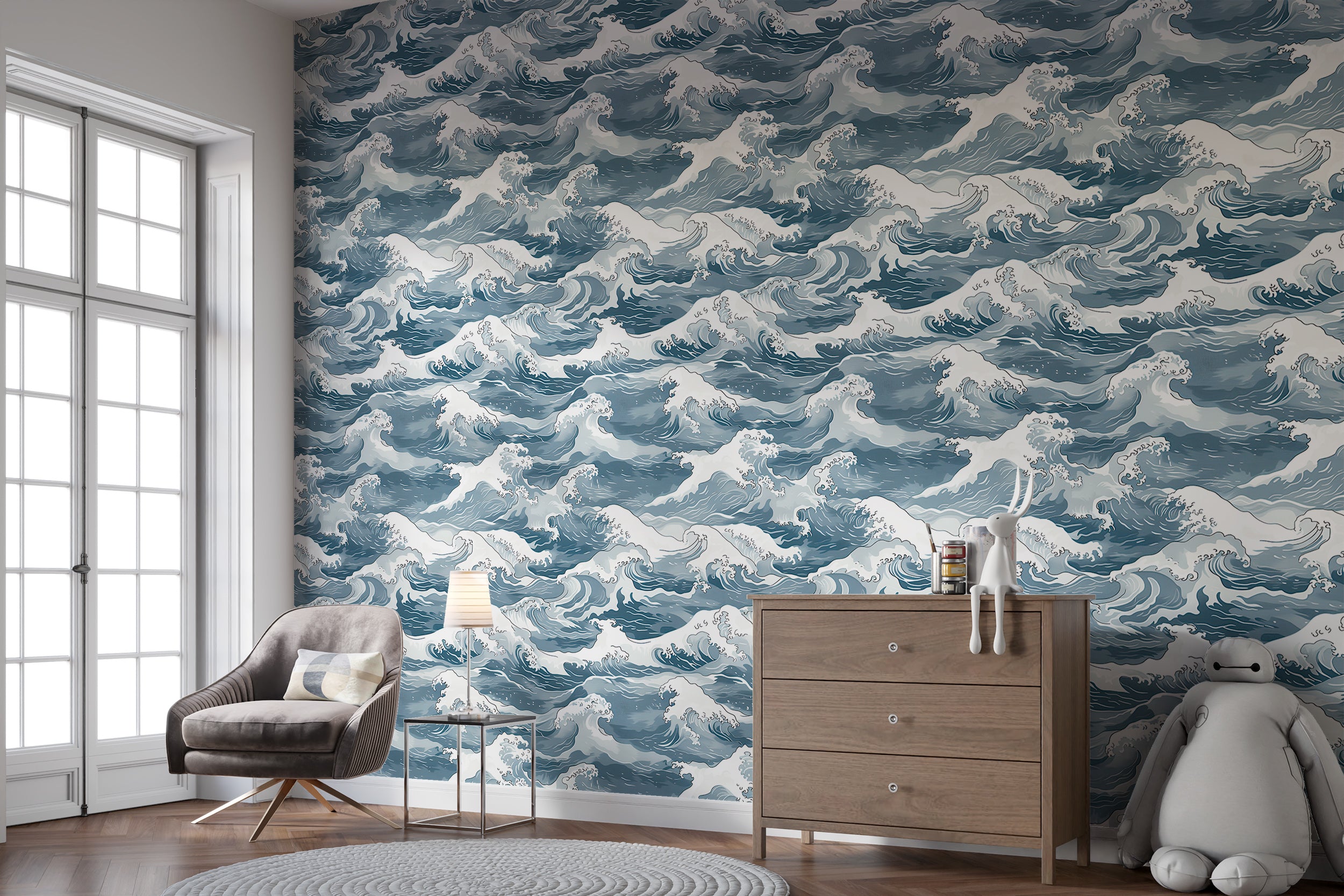 Soft blue peel and stick wave mural