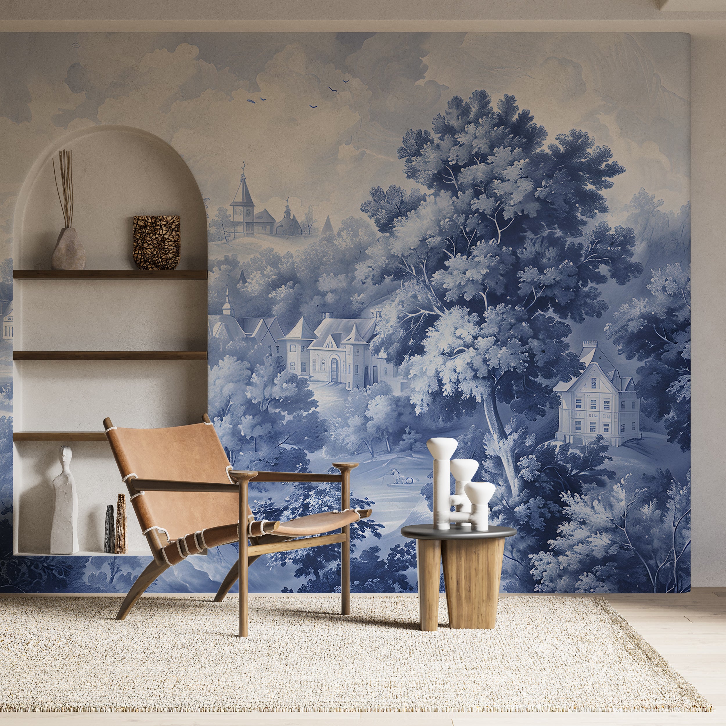 Classic French Countryside Landscape Mural, Blue Monochrome Scenic Wallpaper, Peel and Stick Toile de Jouy Style Mural