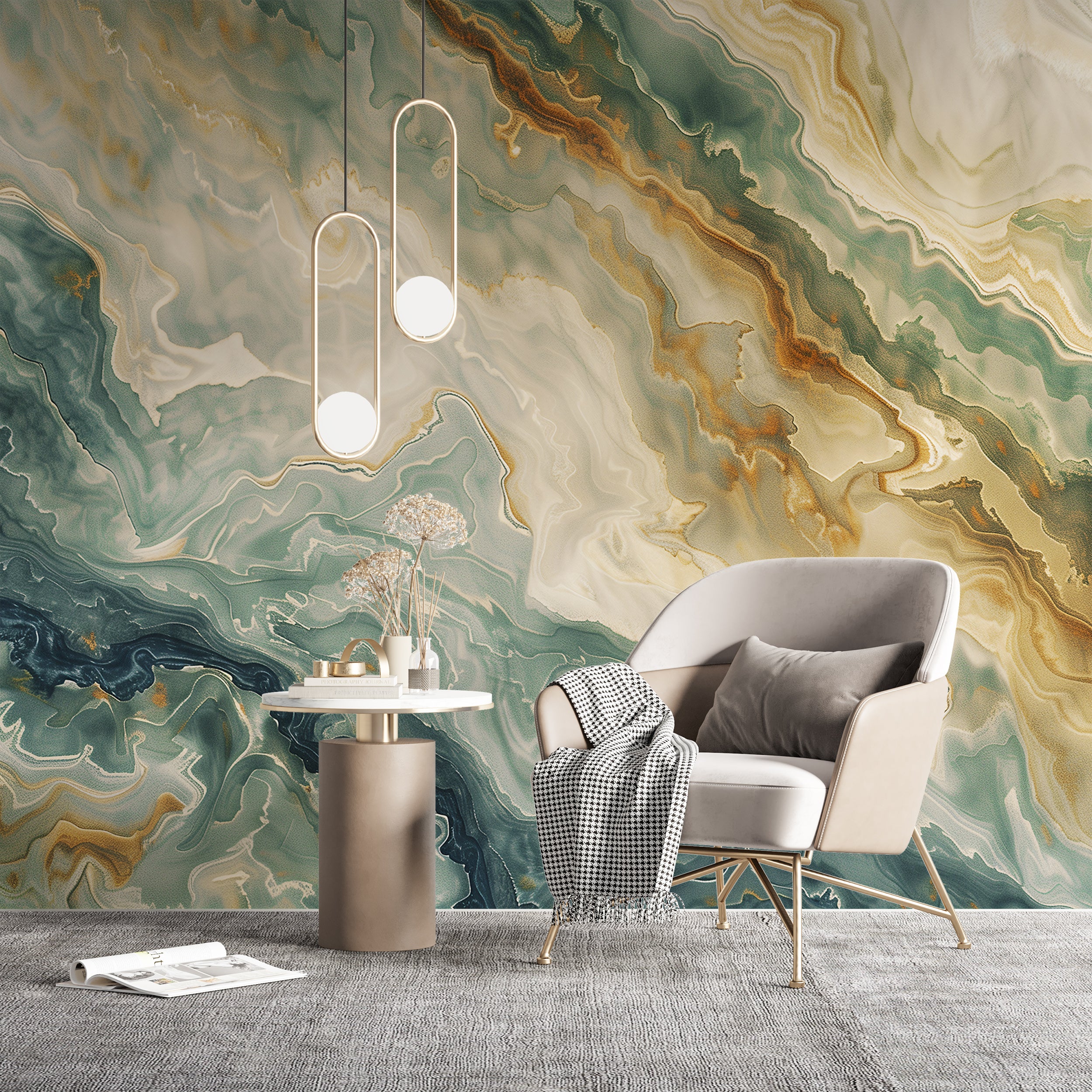 Green and Beige Alcohol Ink Wallpaper, Liquid Accent Wall Mural, Peel and Stick Emerald Marble Decor, Removable Abstract Surface Mural