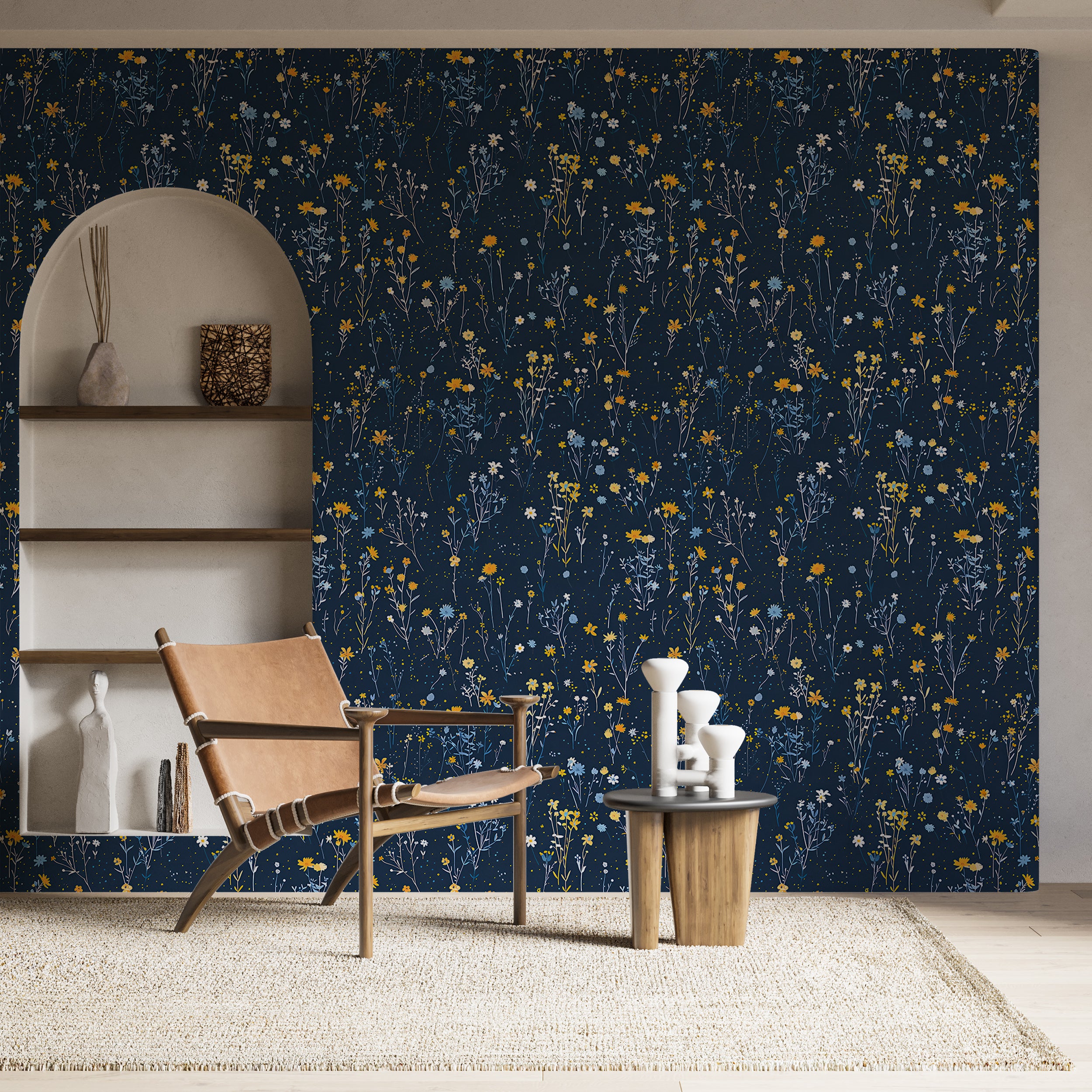 Dark Blue Floral Wallpaper, Small Meadow Flowers Wallpaper, Peel and Stick Removable Wild Botanical Wall Decor, Navy Blue Field Floral Pattern