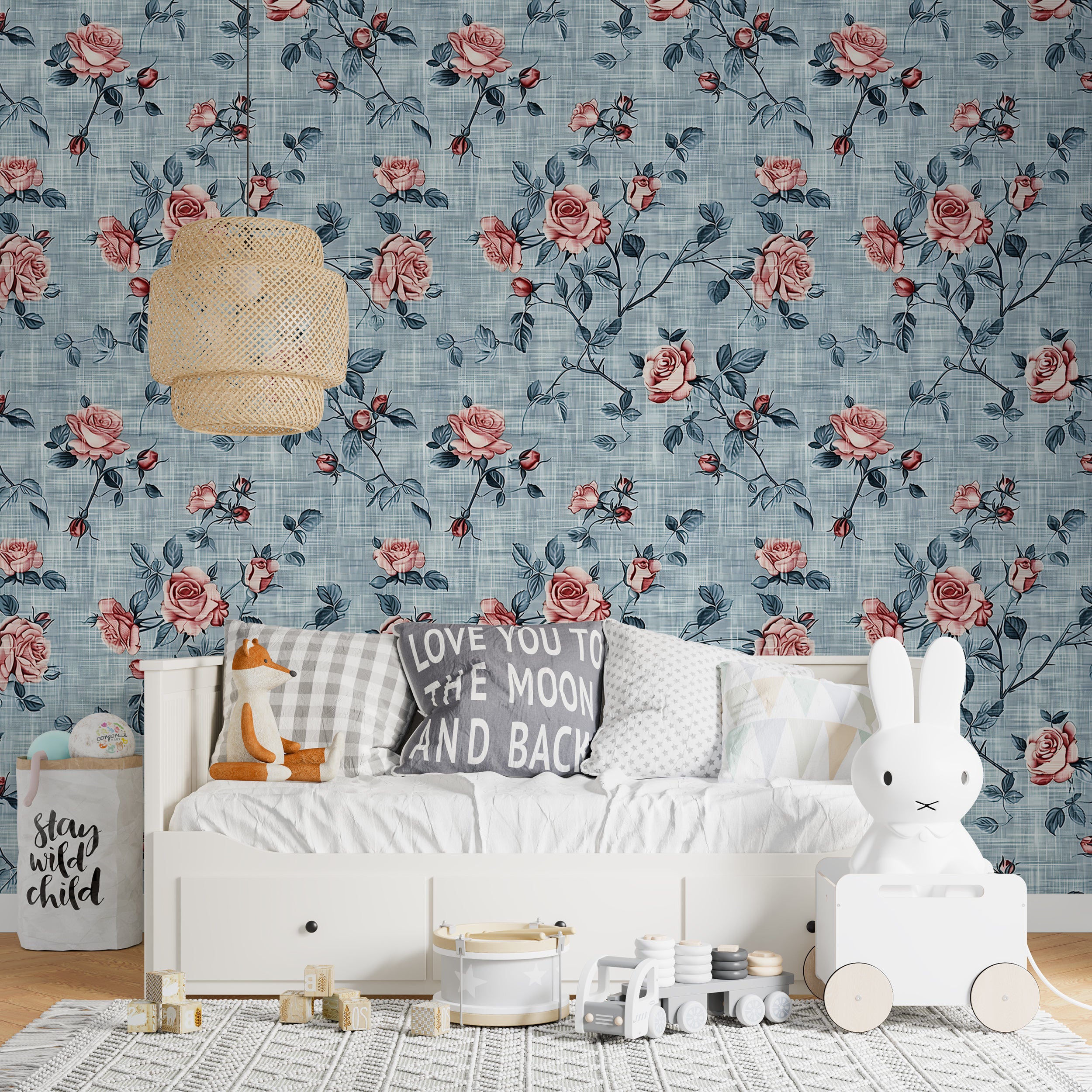 Pink roses on blue linen texture wallpaper Light blue floral wallpaper with pink roses