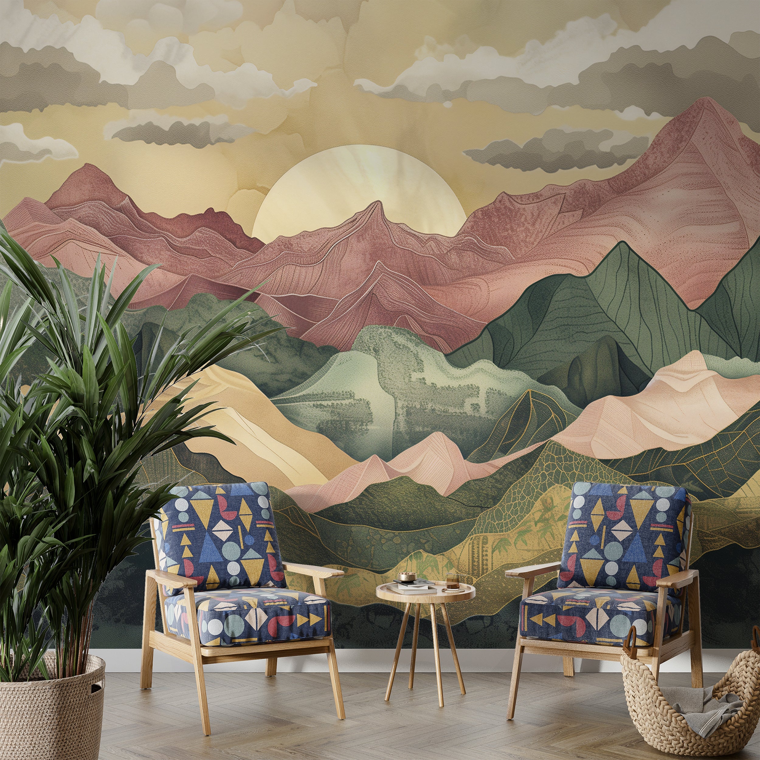 Colorful Mountains Mural, Peel and Stick Abstract Mountain Wallpaper, Removable Landscape Wall Art, PVC-free Nursery Nature Mural