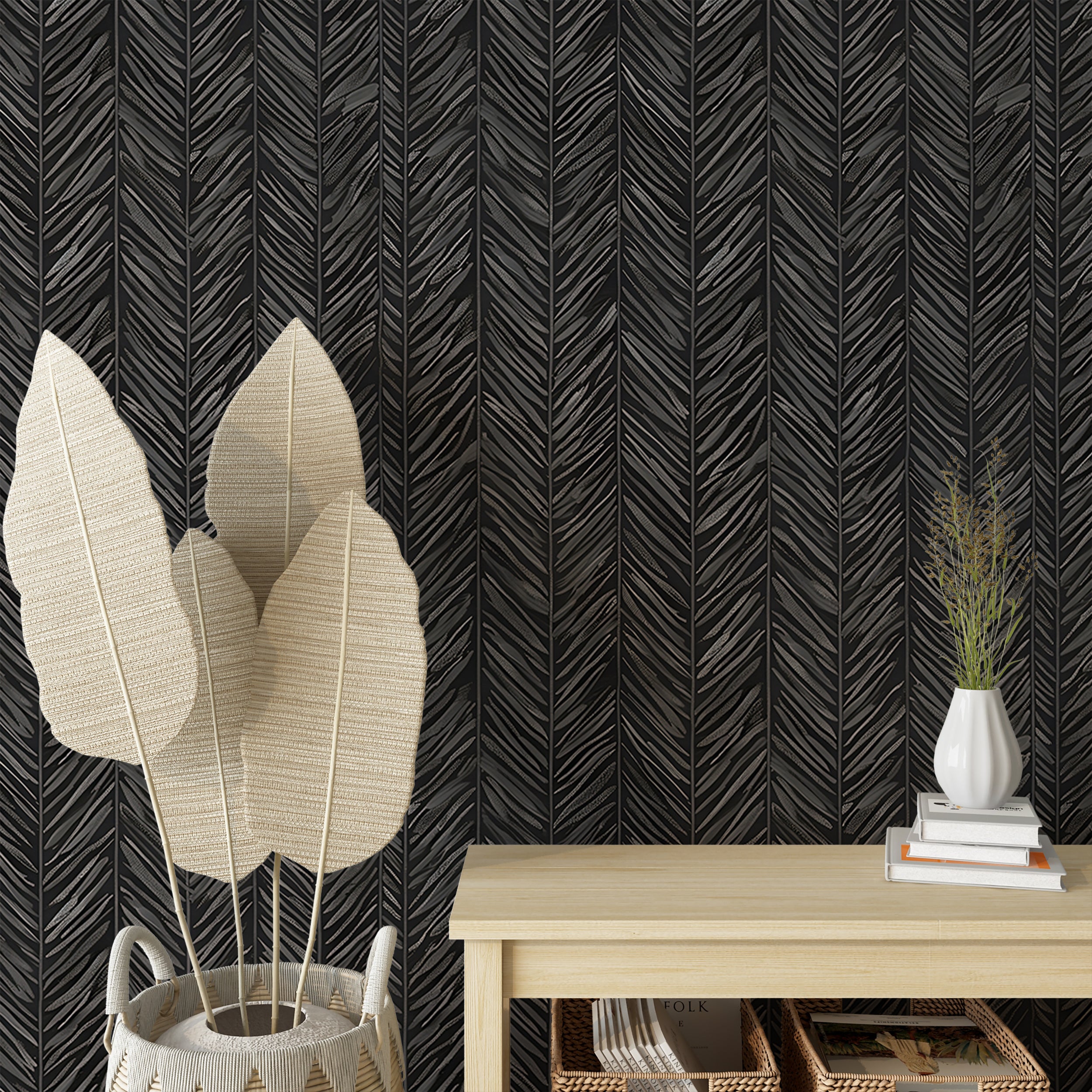 Sophisticated dark grey herringbone wallpaper