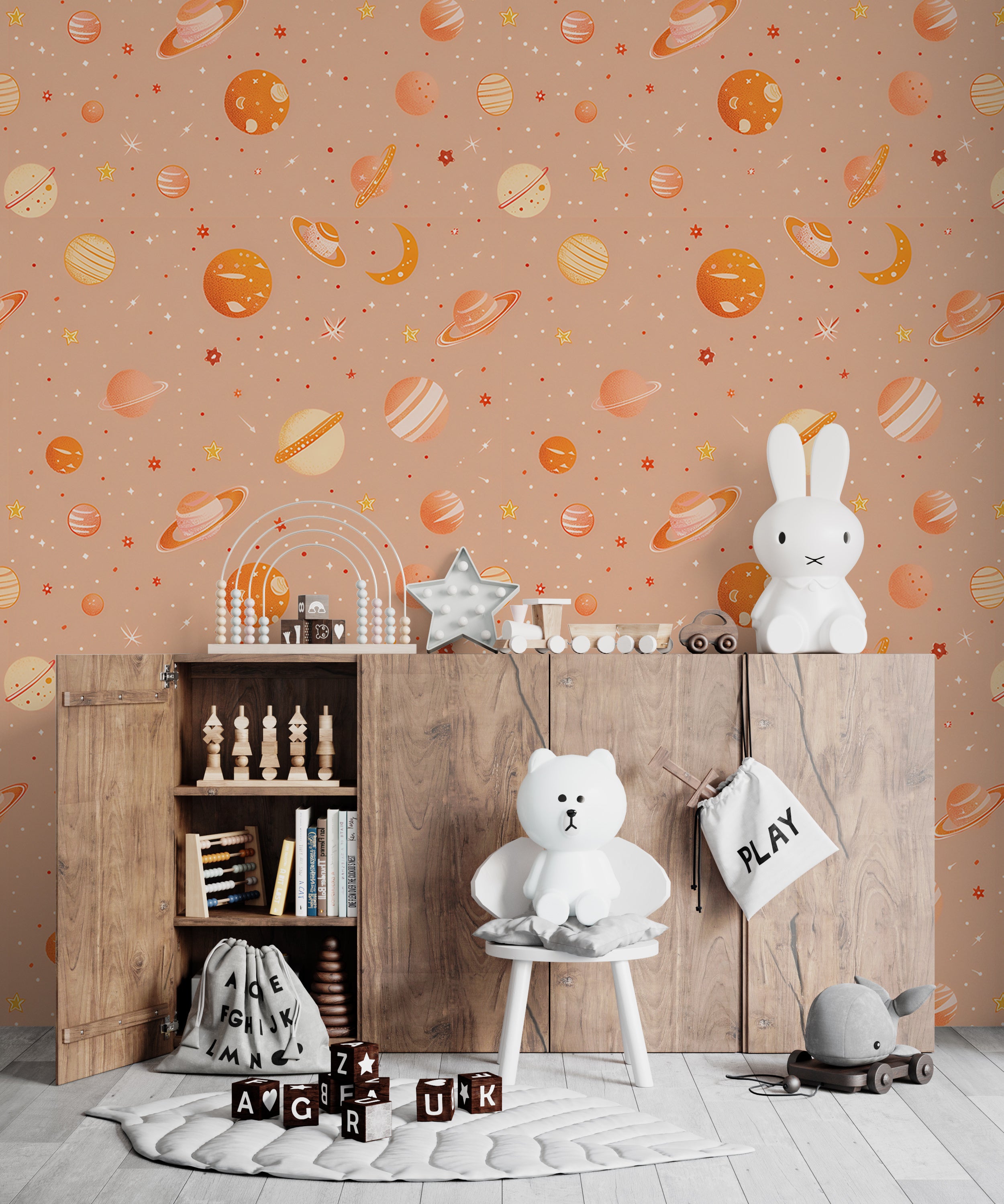 Whimsical planet wallpaper for children's room