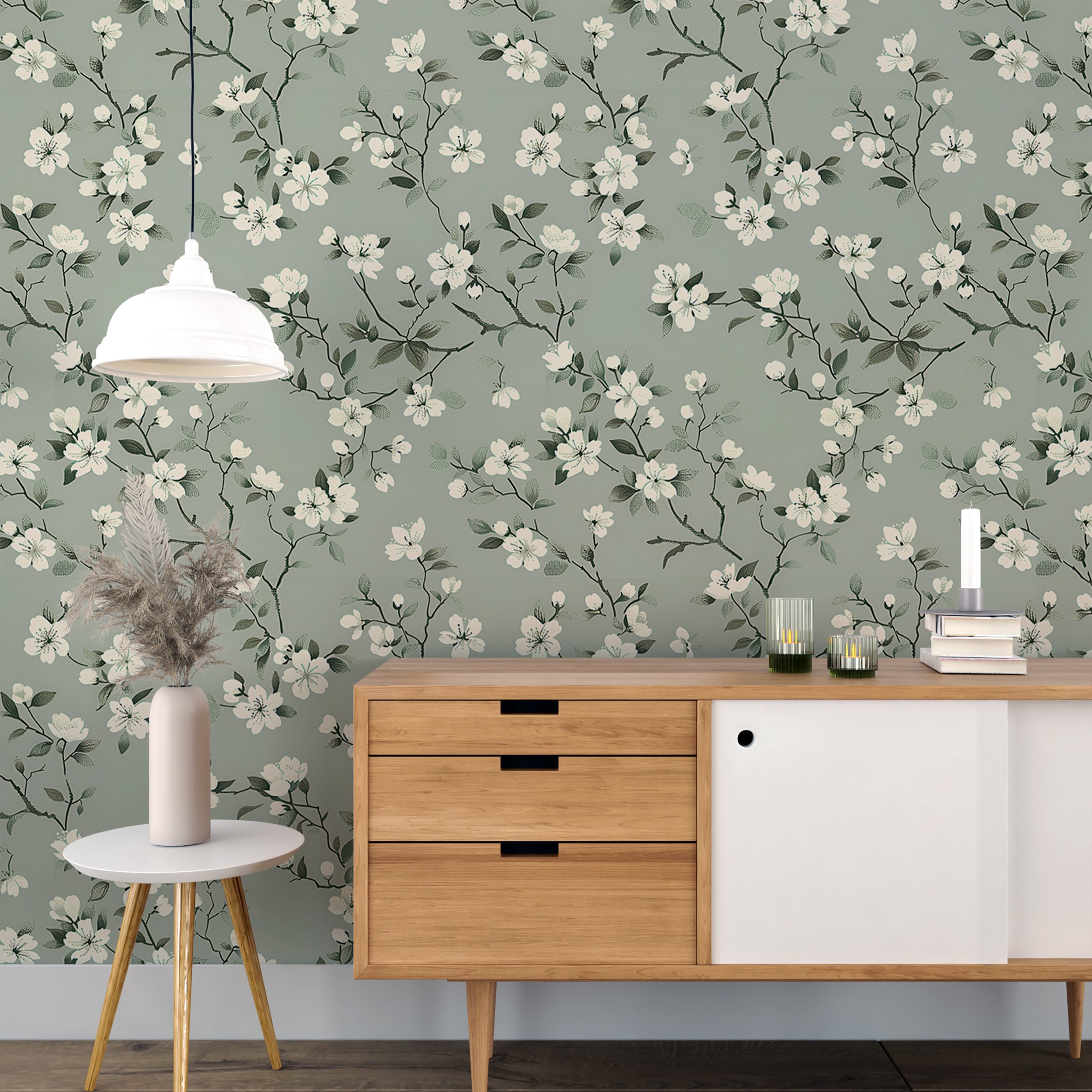 Dusty green botanical wallpaper for home decor Green floral removable wall decor