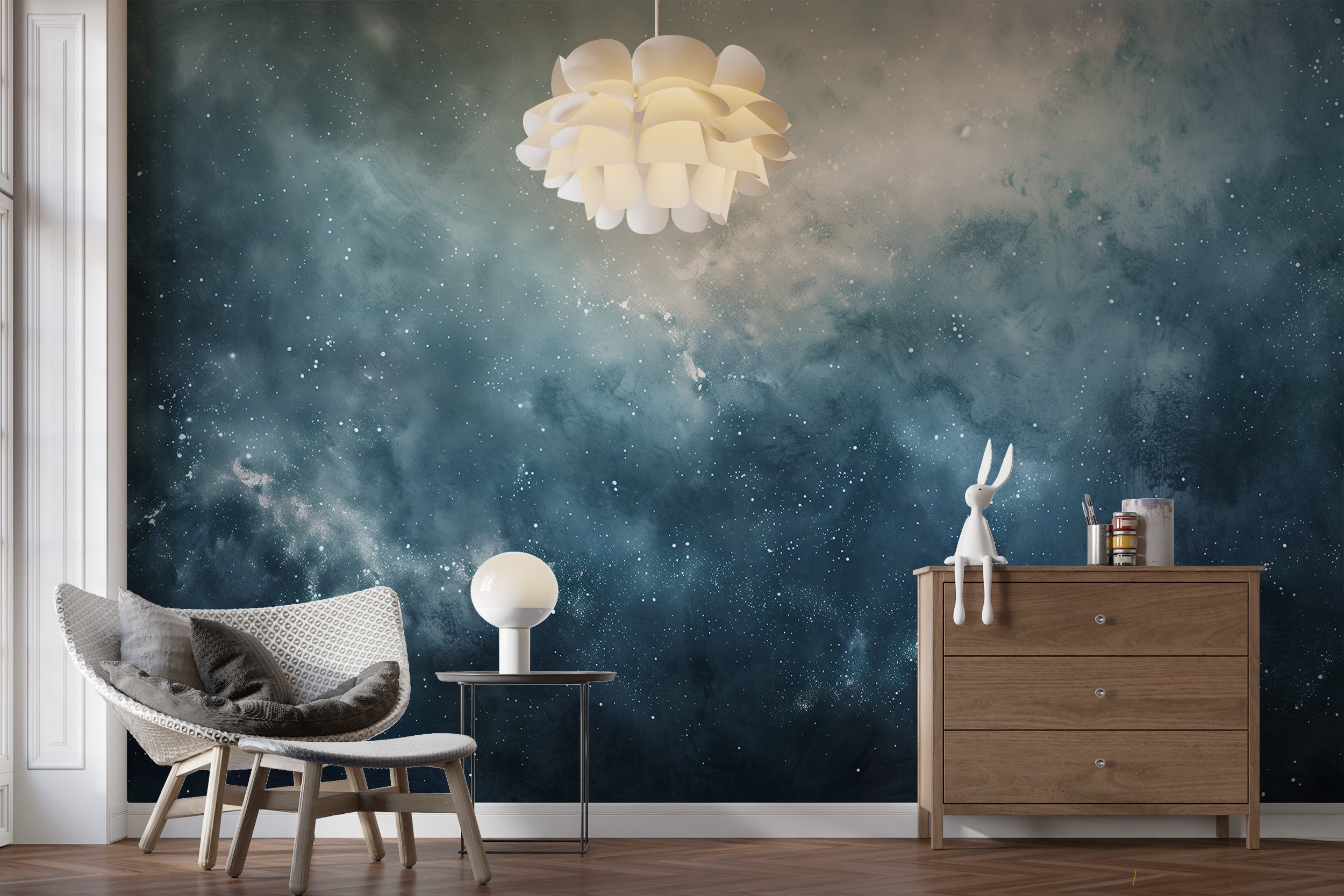 Starry Space Wall Mural, Nursery Dark Starry Night Wallpaper, Stars in the Sky Mural, Dark Blue Celestial Wall Decor, Peel and Stick Art