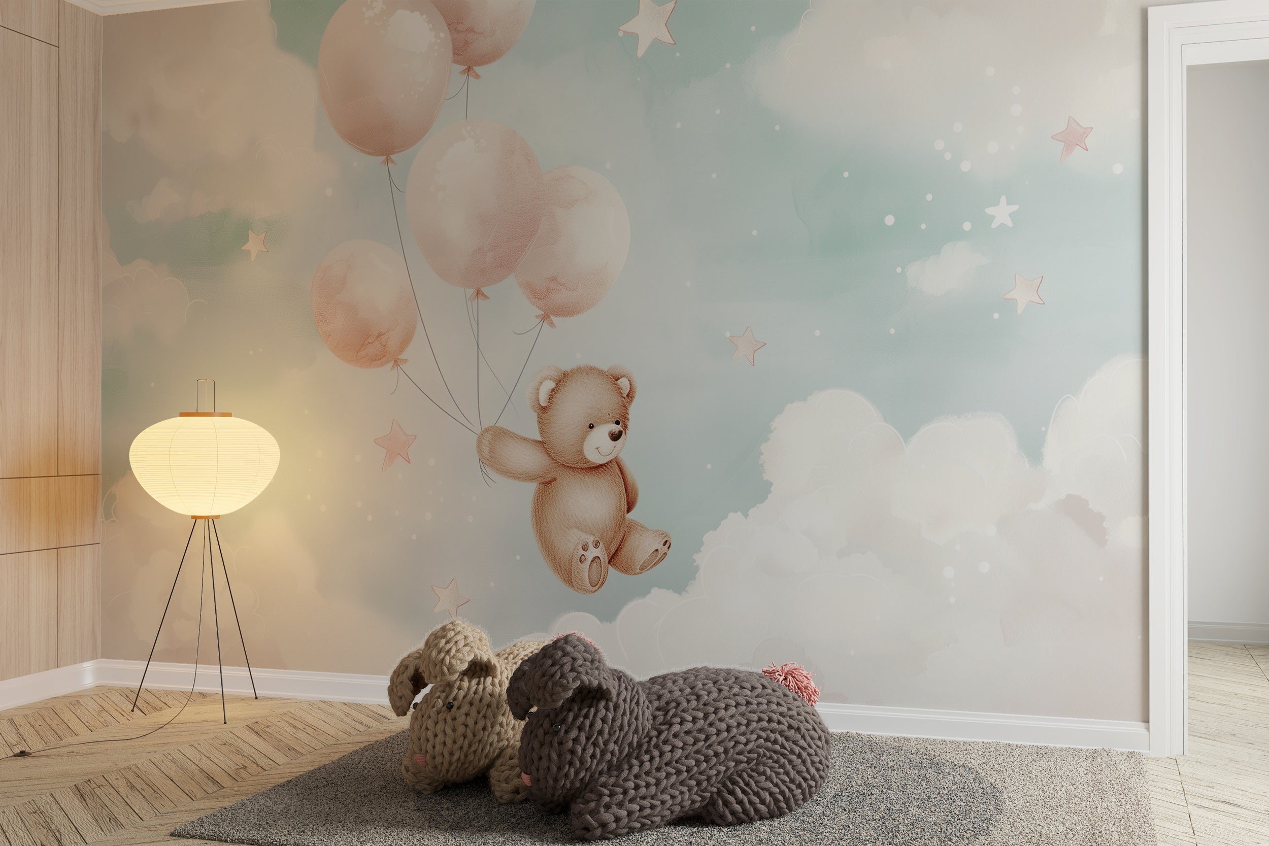 Cute Bear Toy and Pink Balloons Nursery Wall Mural, Kids Room Peel and Stick Wallpaper, Watercolor Clouds and Stars Art in Pastel Colors