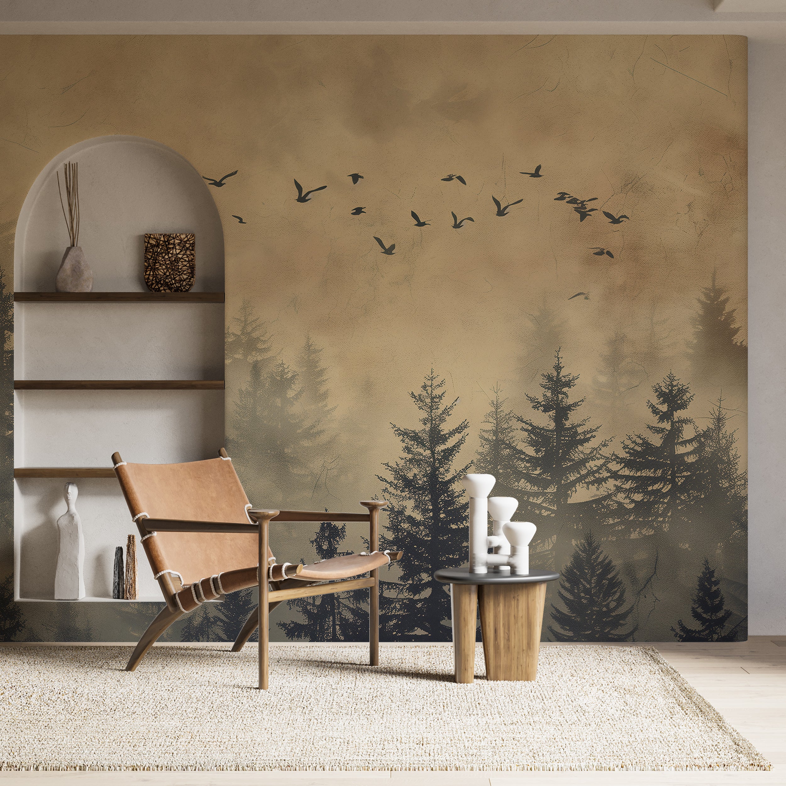 Birds and Pine Forest Vintage Mural, Beige Foggy Forest Wallpaper, Peel and Stick Classic Nature Landscape Art