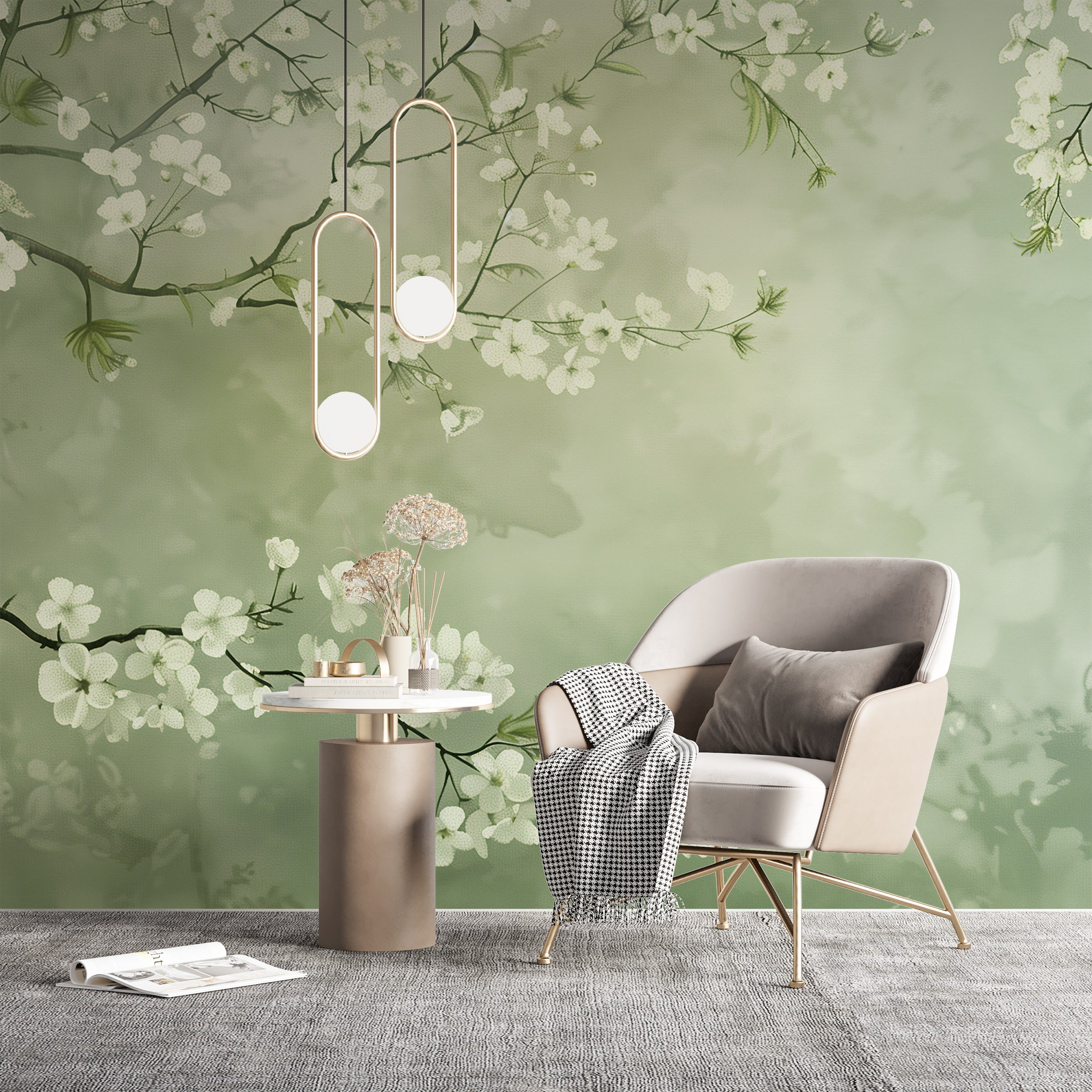 Soft Green Venetian Plaster Wall Mural, Minimalist Cherry Blossom Branches Wallpaper, Peel and Stick Botanical Wall Decor