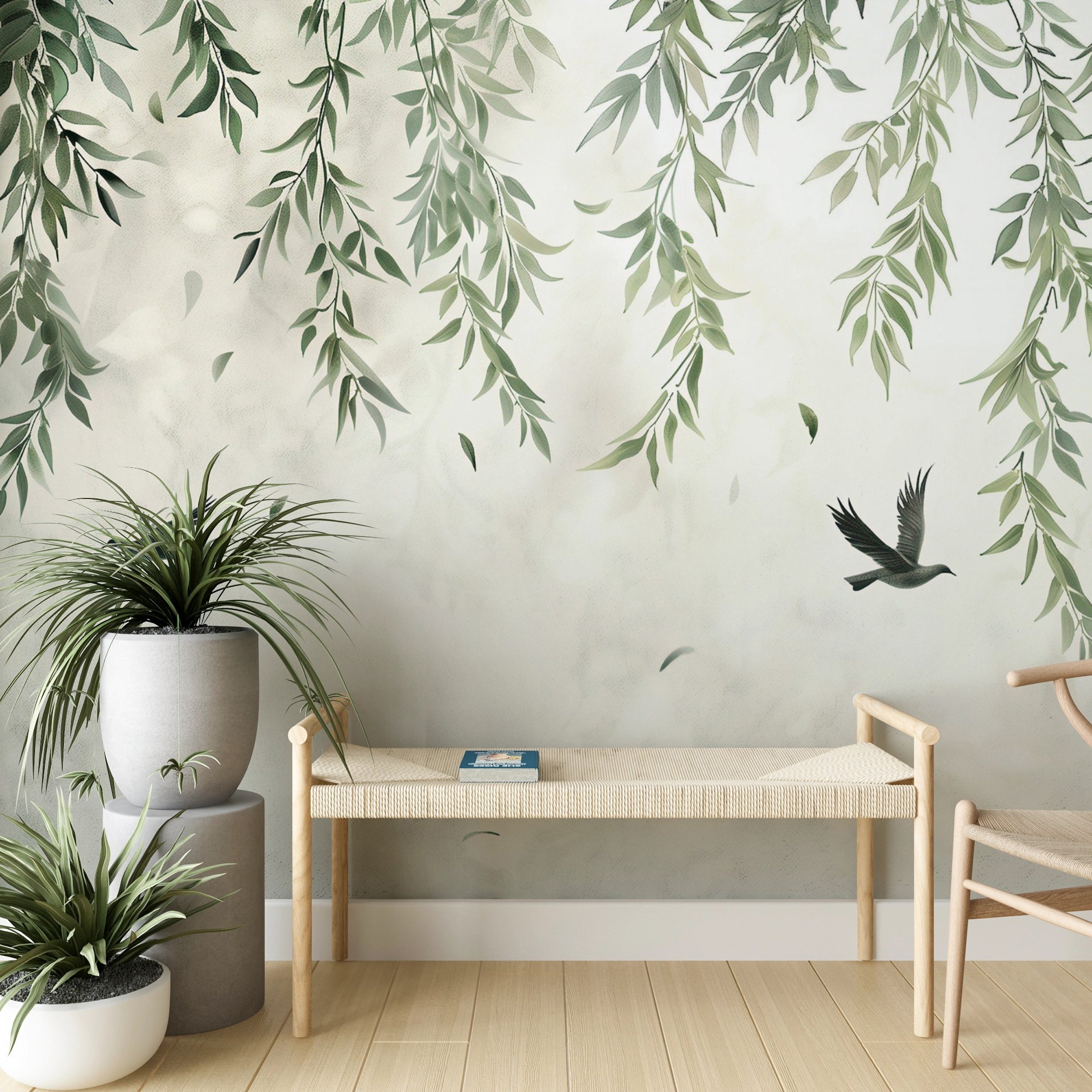 Willow Branches and Birds Wall Mural, Hanging Leaves Wallpaper, Grey Botanical Mural, Peel and Stick Removable Vinyl Falling Leaf Mural