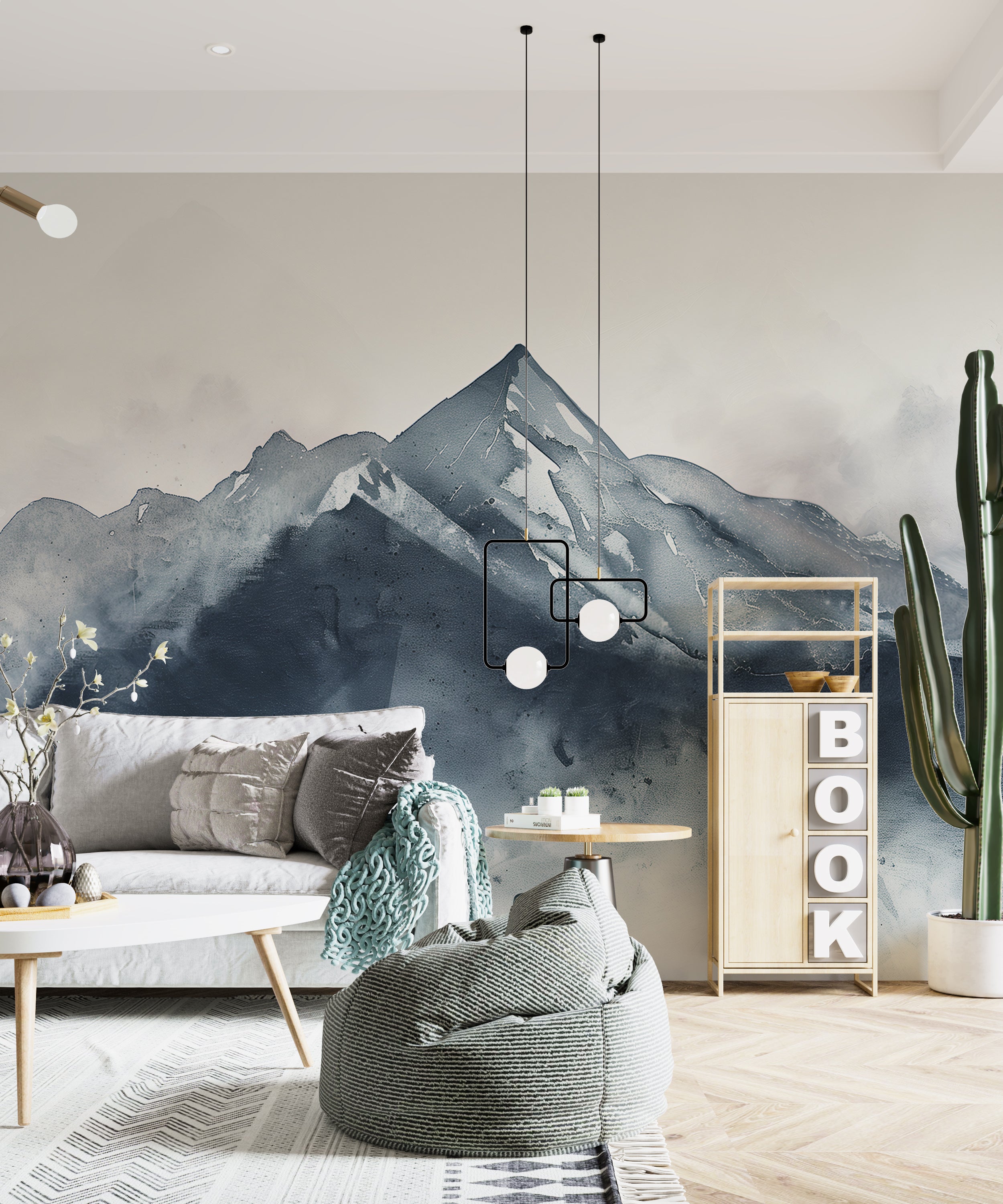 Grey Watercolor Mountain Mural, Minimalist Mountain Art, Peel and Stick Removable Accent Wall Decor