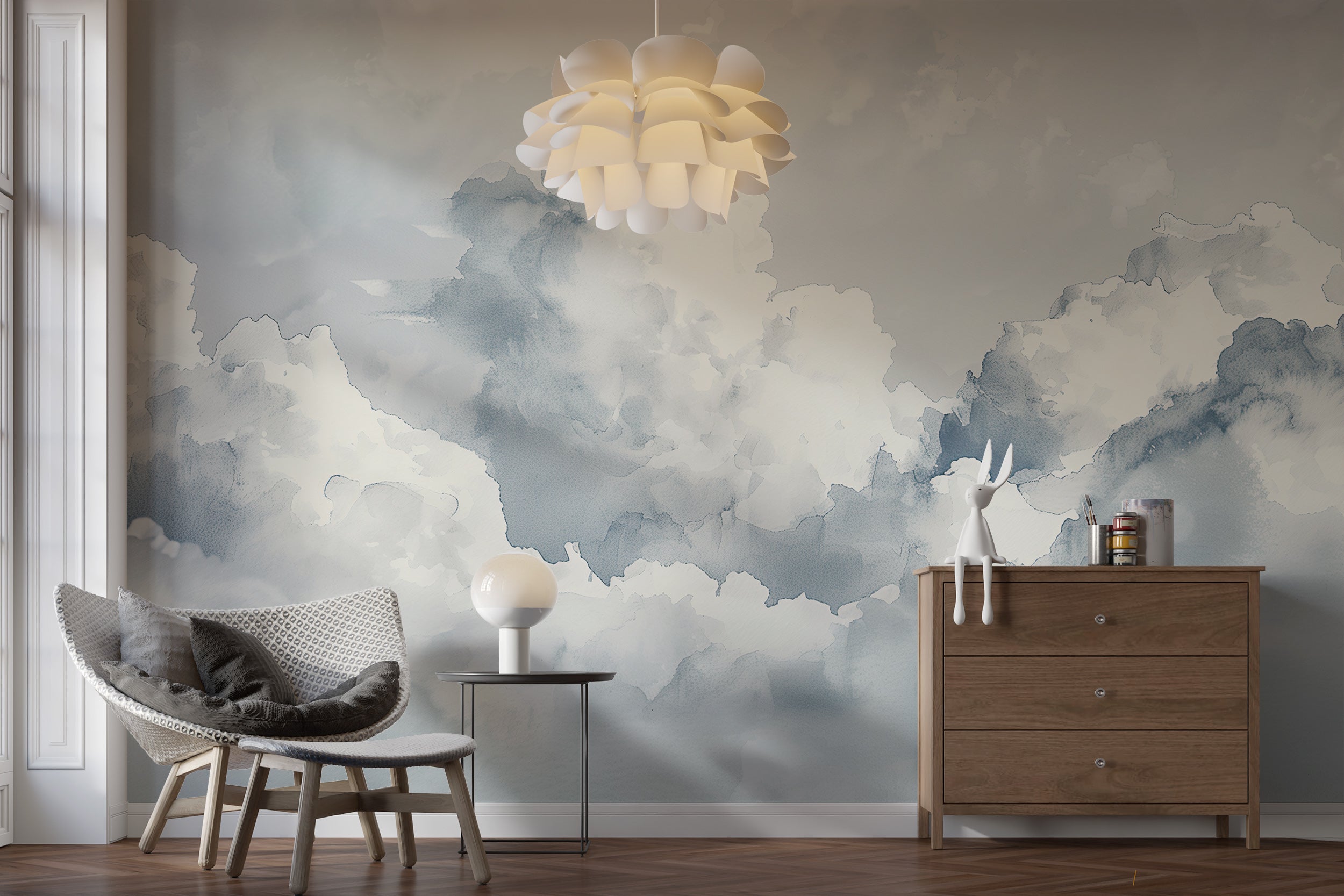 White and Grey Clouds Wallpaper, Monochrome Cloudy Sky Mural, Nursery Minimalist Accent Wall Decor, Peel and Stick Removable Art