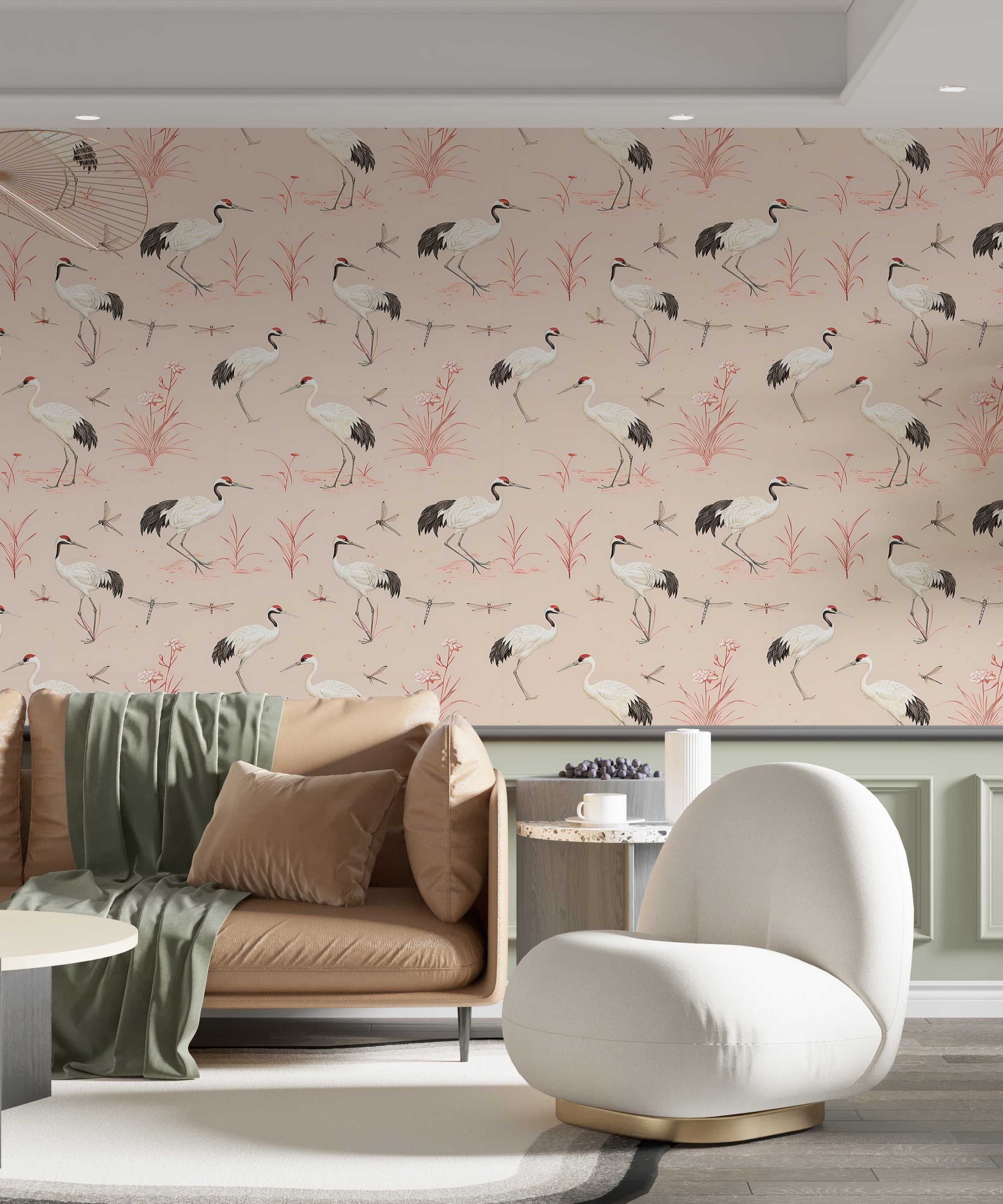 Soft pink crane birds wallpaper for classic decor Vintage Chinoiserie wall art with crane birds