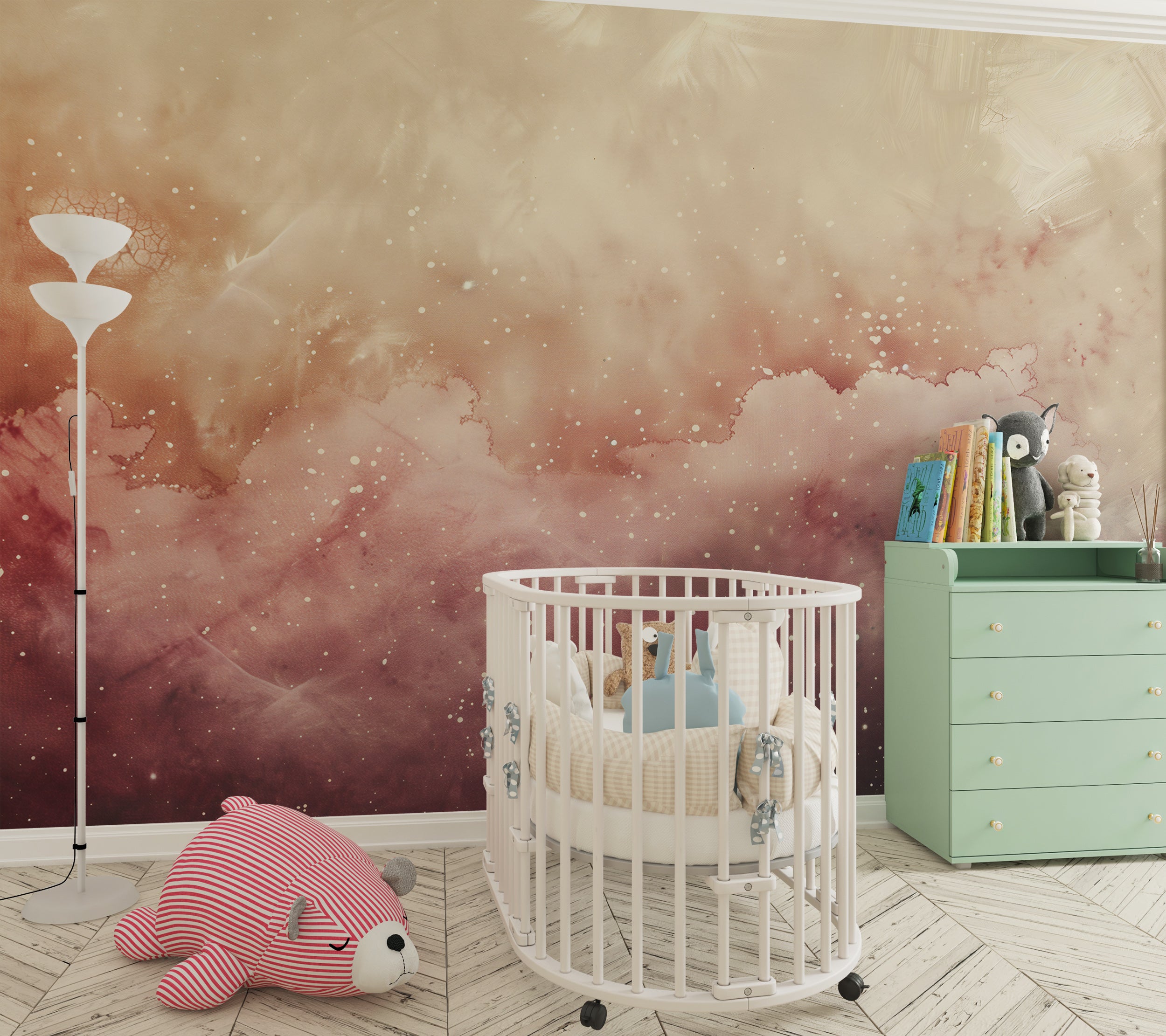 Beige and pink space mural for nursery decor Peel and stick starry clouds wallpaper