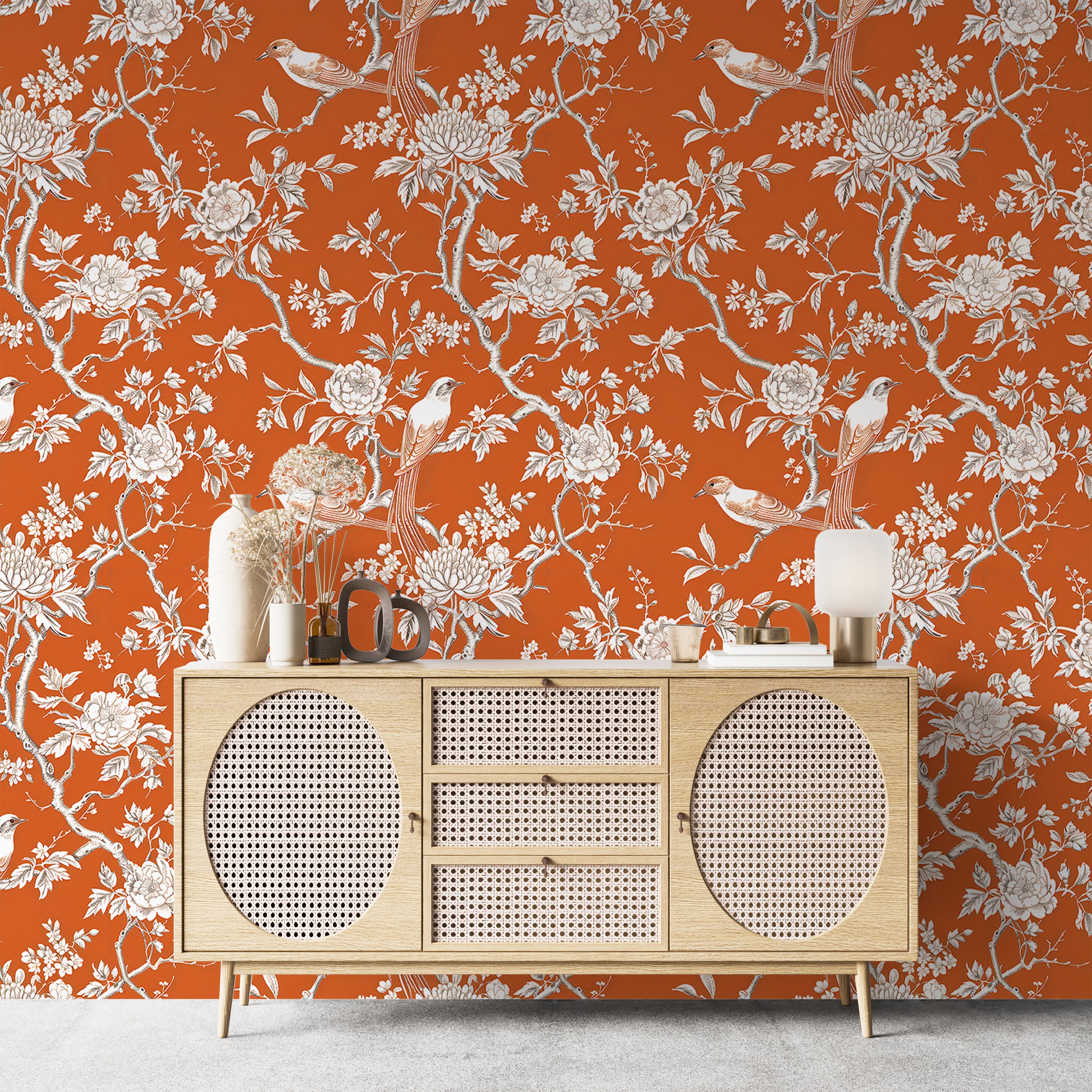 Bold orange chinoiserie wallpaper for accent walls