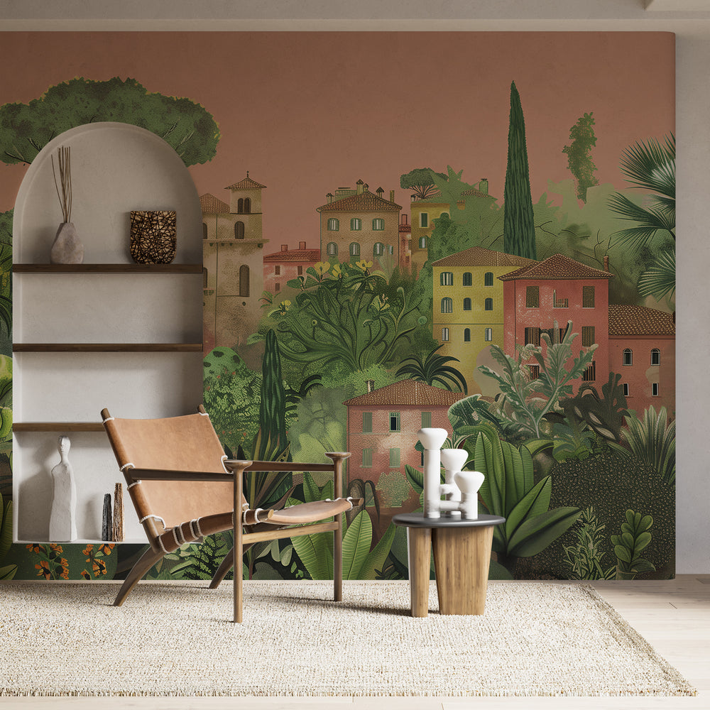 Colorful Italian City Mural - Old Town and Lush Garden Wallpaper