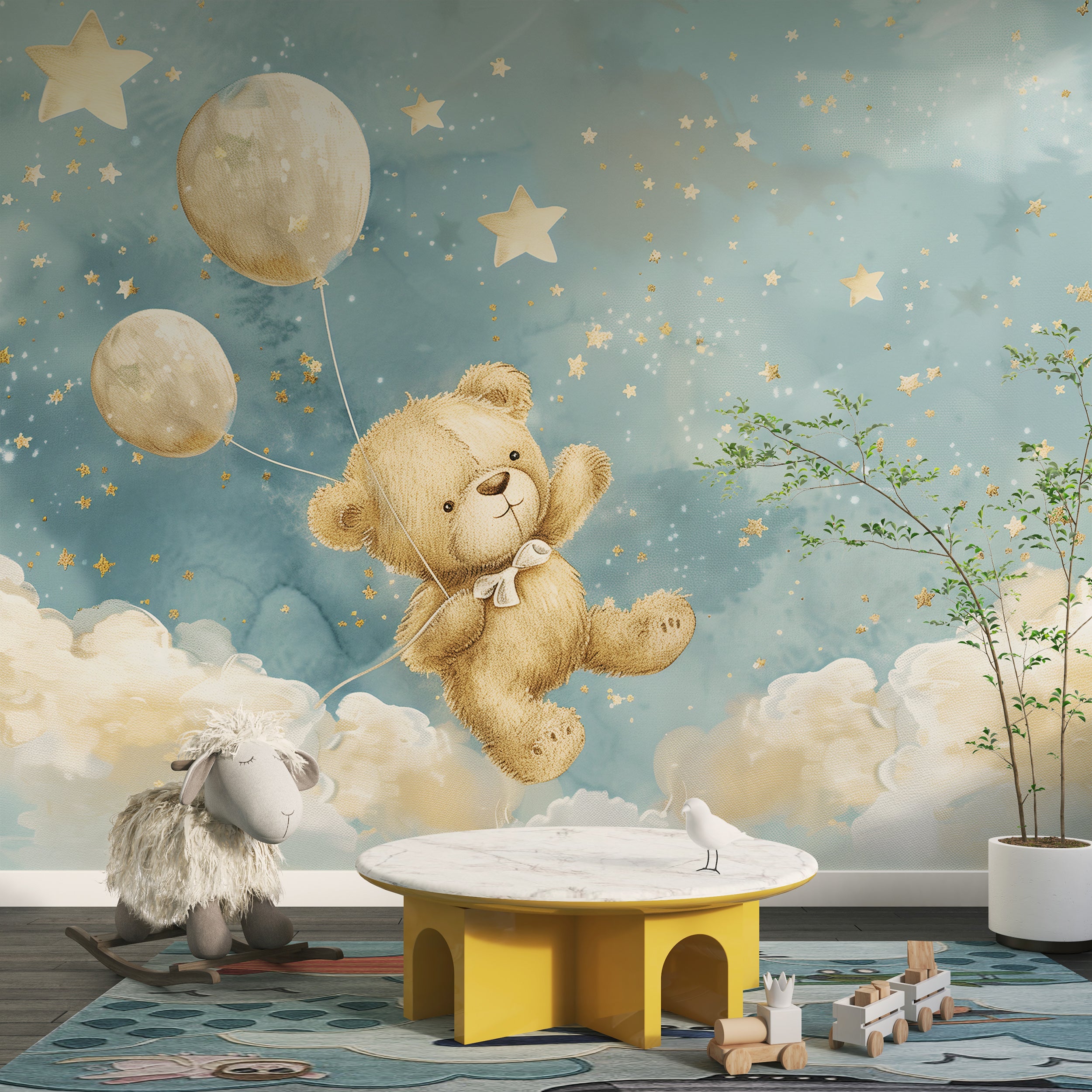 Cute Bear in the Sky Mural, Blue and Beige Starry Clouds Wallpaper, Bear Toy and Balloons Nursery Wall Mural, Peel and Stick Removable