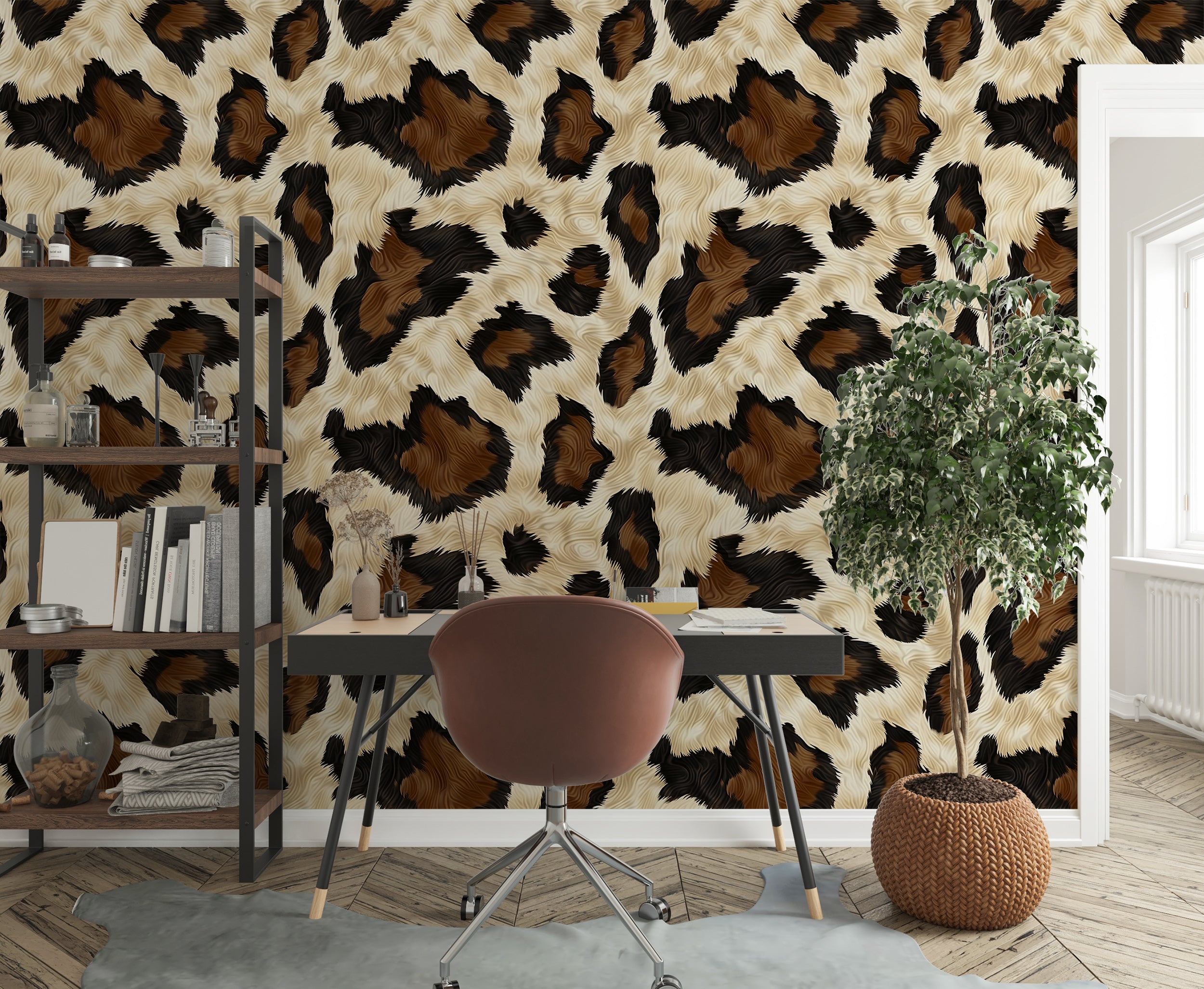 Removable accent wall art with cow print design